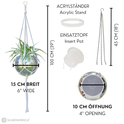 SCANDINORDICA Discokugel blumentopf - Spiegelkugel hängende blumentöpfe, diskokugel Pflanzen, discokugel deko übertopf makramee, Geschenk Freundin | Disco Kugel pflanzentopf – 15 cm Silber