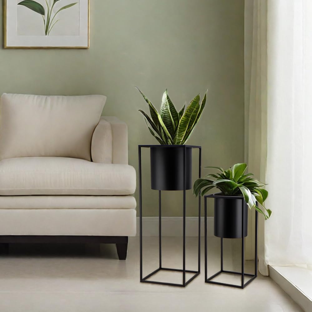 TRIROCKS 2er-Set Moderne Pflanzgefäße mit Ständer für Drinnen und Draußen 70/45 cm Hohe Blumentöpfe für Wohnzimmer Ecke Küche Büro Garten Balkon Terrassendekor (Schwarz)