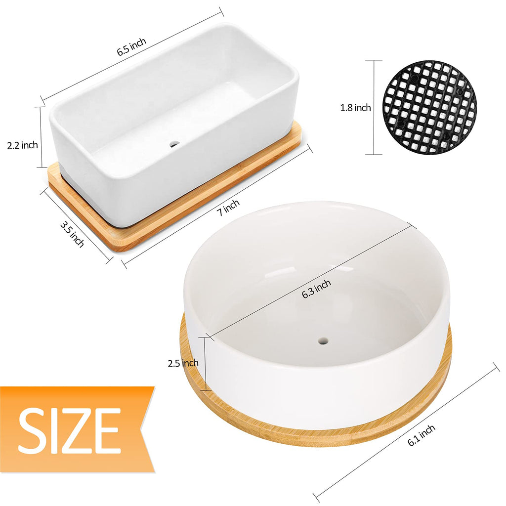 Weiße Keramik Sukkulenten Blumentöpfe, ARVINKEY 1 rechteckiger Blumentopf + 1 runder Übertopf, 2er Set kleine Kaktusbehälter, Bonsai-Töpfe, Blumentöpfe mit Abflusslöchern Bambus-Tablett (ohne Pflanze)