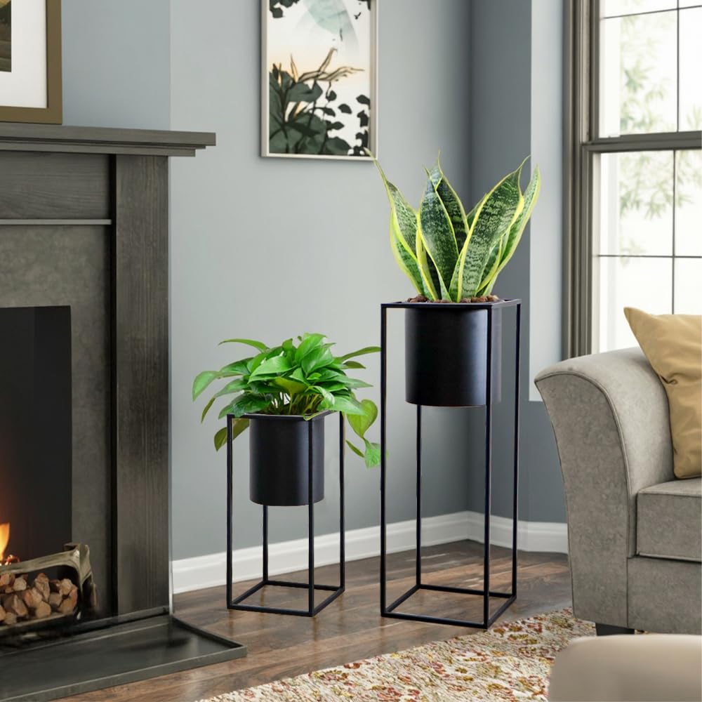 TRIROCKS 2er-Set Moderne Pflanzgefäße mit Ständer für Drinnen und Draußen 70/45 cm Hohe Blumentöpfe für Wohnzimmer Ecke Küche Büro Garten Balkon Terrassendekor (Schwarz)