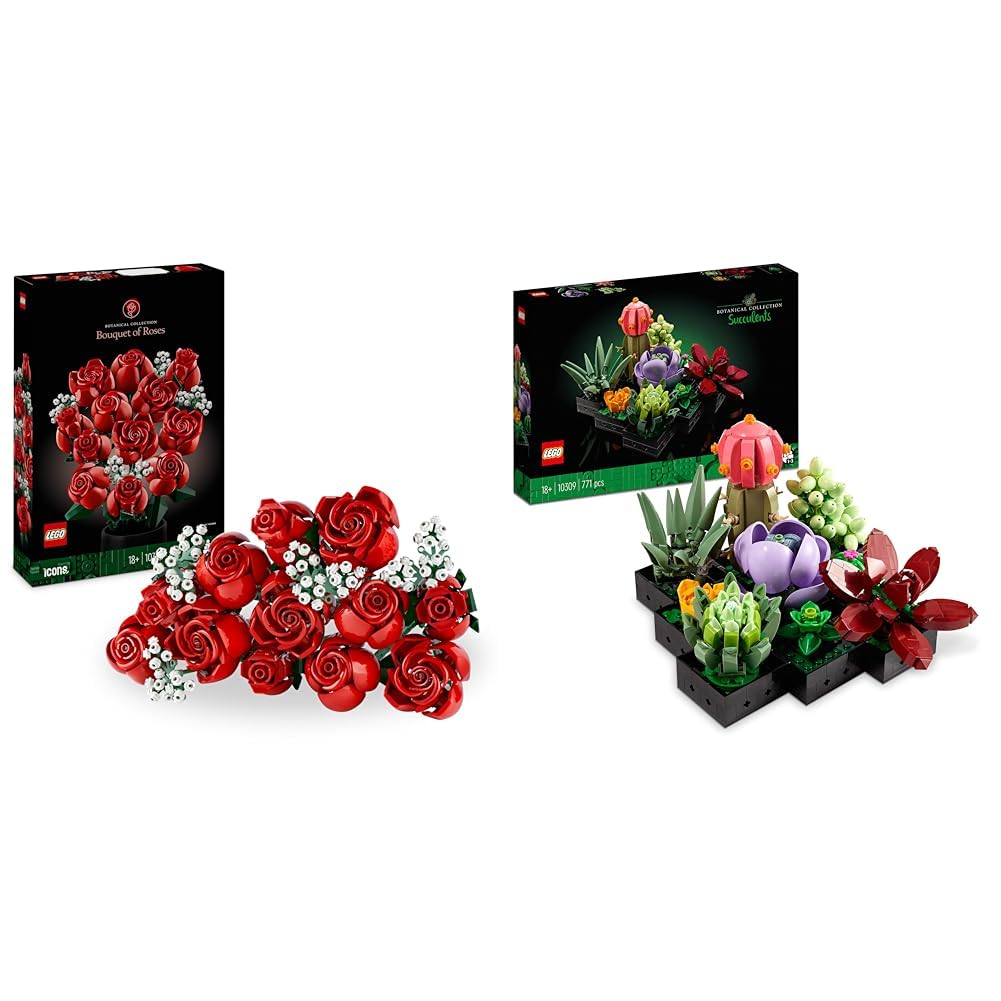 LEGO Icons Succulents Kunstpflanzen-Set 10309 + Rosenstrauß 10328, Kunstblumen-Set für Erwachsene, Botanische Sammlung, Wohnaccessoires, Geschenke für Frauen, Männer, Sie oder Ihn, entspannende Aktivi