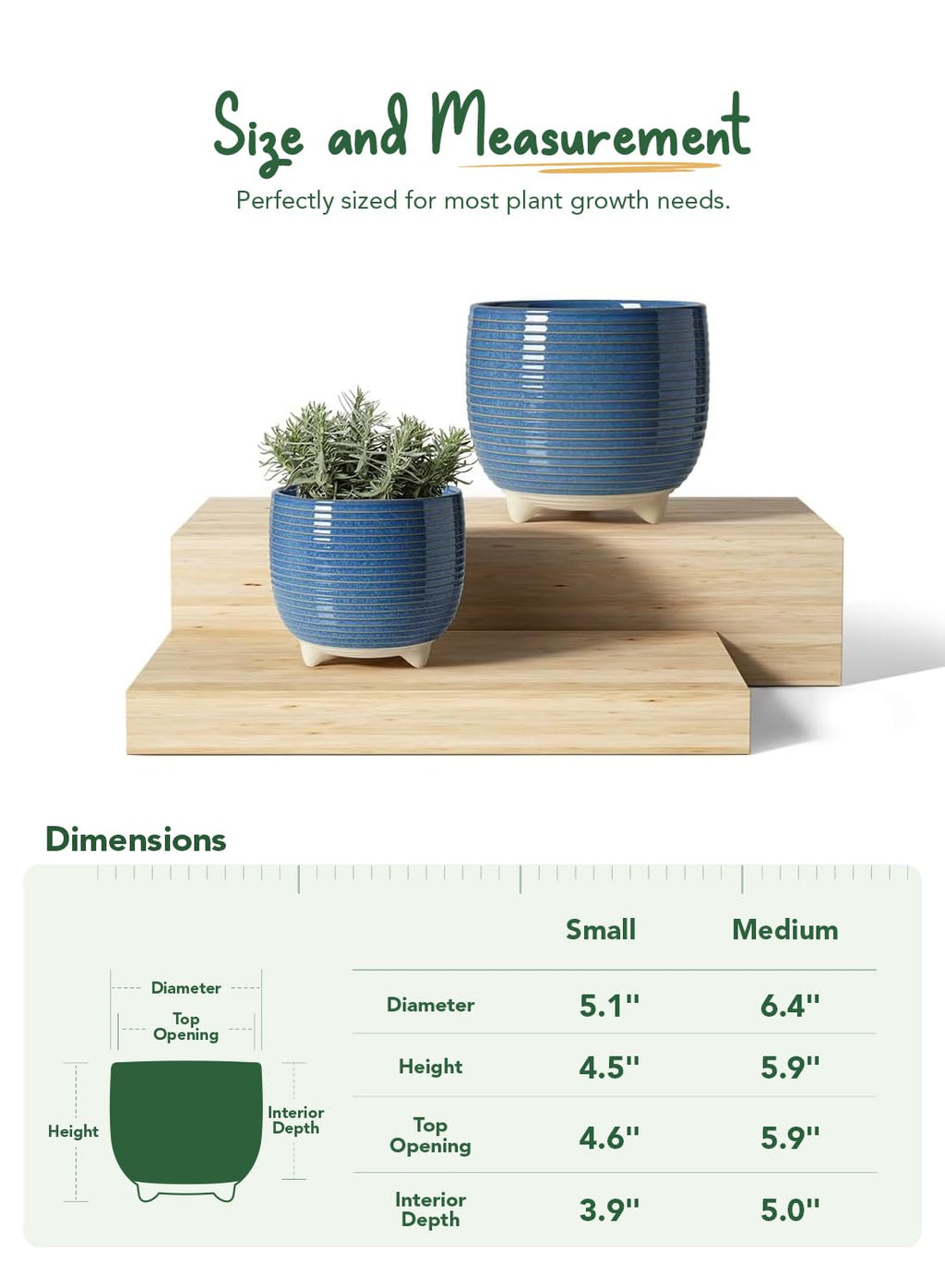 LE TAUCI 2 er Pack Keramik Blumentöpfe mit Füßen, 12+16 cm Durchmesser Klein Übertöpfe Set, Blumentopf für Zimmerpflanzen mit Abflussloch, Reaktive Glasur Blau