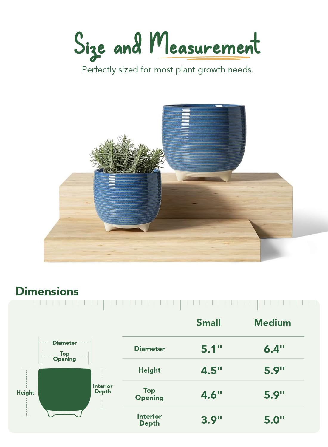 LE TAUCI 2 er Pack Keramik Blumentöpfe mit Füßen, 12+16 cm Durchmesser Klein Übertöpfe Set, Blumentopf für Zimmerpflanzen mit Abflussloch, Reaktive Glasur Blau