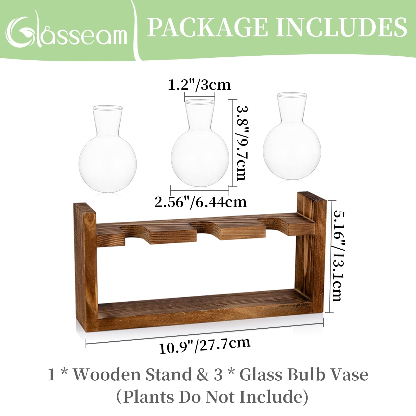 Glasseam Vintage Blomstervase, Små Vaser til Borddekoration, Moderne Glasreagensglas til Blomster med Stativ, Træformeringsstation til Stue, Udendørs, Dåb, Fødselsdag, Hydroponisk Dekoration