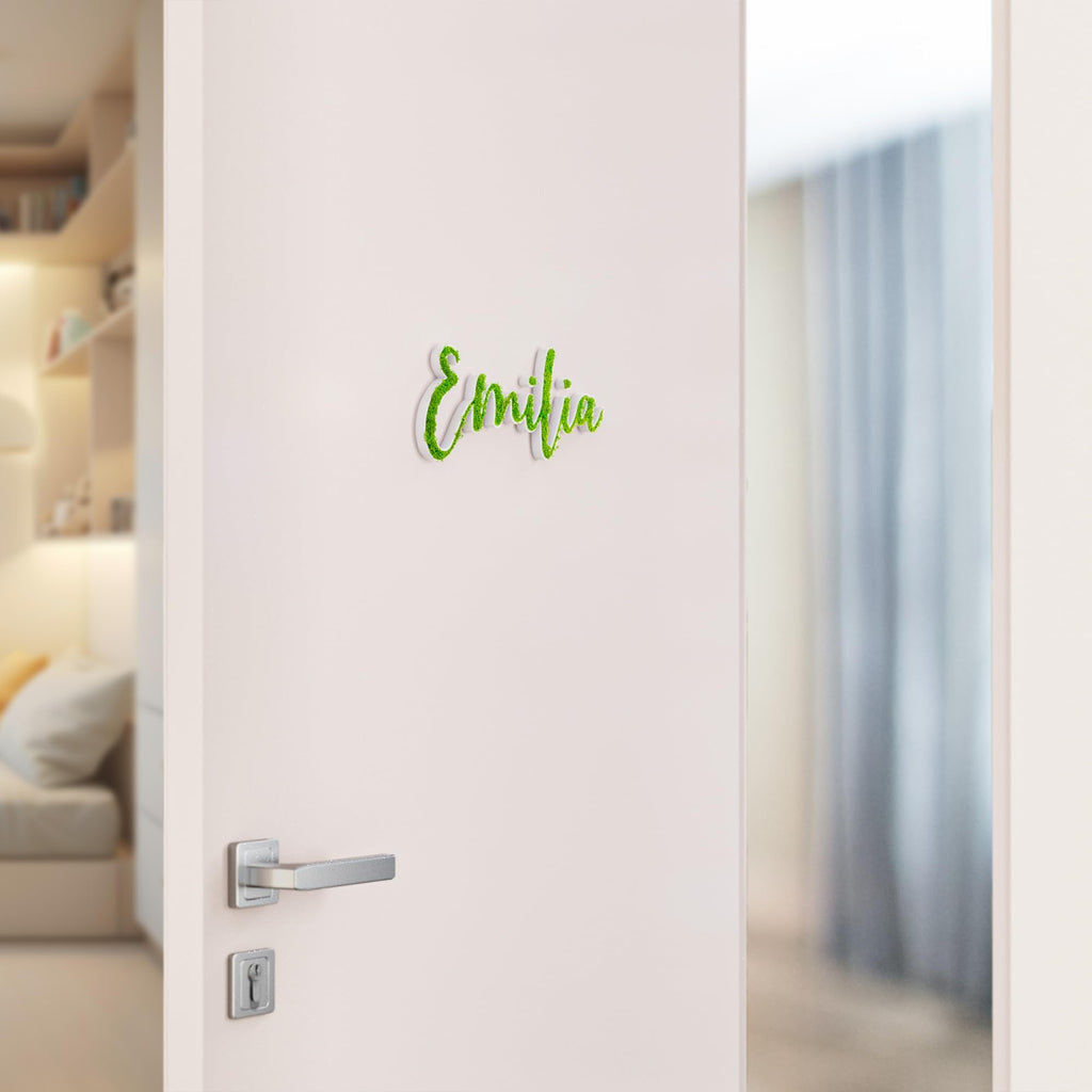Moosschild Personalisiert Schriftzug Individuell | Moos Türschild und Wandschild für Kinderzimmer und Büros | Nachhaltige und stilvolle Namensschilder Wanddekoration in Schwarz oder Weiß