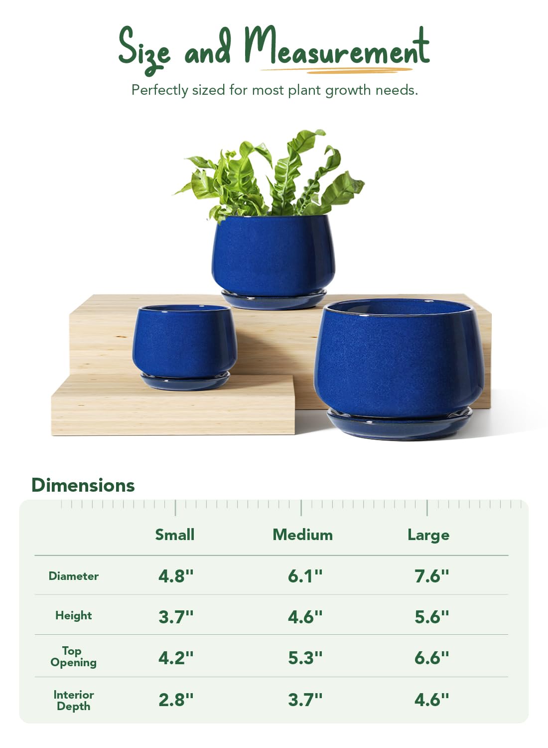 LE TAUCI 3er Set Keramik Blumentöpfe, 10/13/16 cm Durchmesser Klein Blumentöpfe Set, Übertöpfe für Zimmerpflanzen, Pflanztöpfe mit Untersetzer und Abflussloch, Schatz Blau