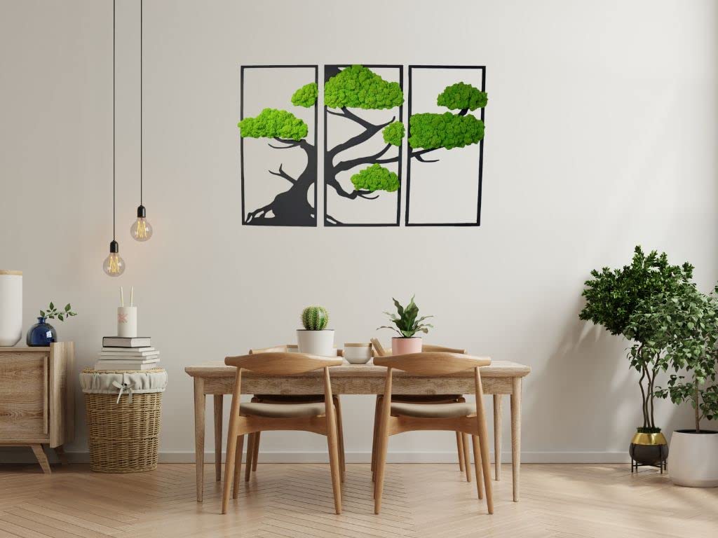 Hello Moss Wanddeko Moosbilder Triptychon in Form Eines Bonsai-Baumes - Schön Aussehender Wand Baum - Wandbild aus Natürlichen Rohstoffen und Deko Moos (schwarz-hellgrün, 29x60cm)