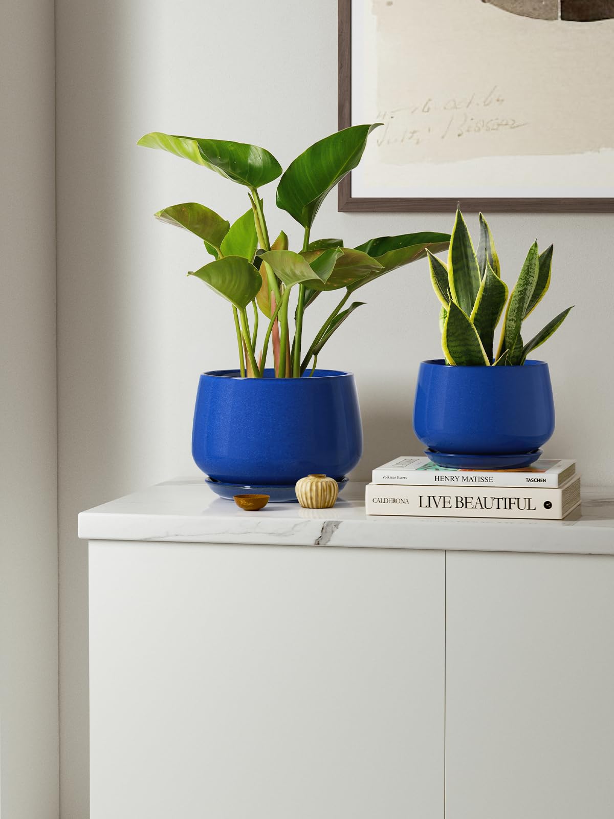 LE TAUCI 3er Set Keramik Blumentöpfe, 10/13/16 cm Durchmesser Klein Blumentöpfe Set, Übertöpfe für Zimmerpflanzen, Pflanztöpfe mit Untersetzer und Abflussloch, Schatz Blau