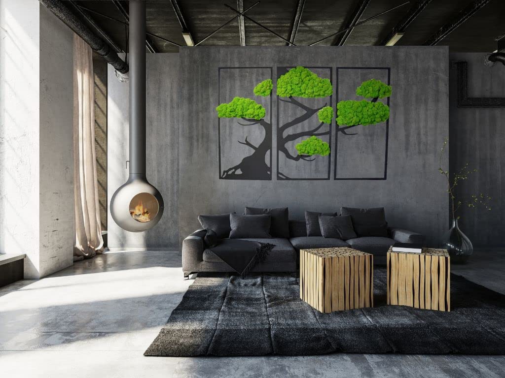 Hello Moss Wanddeko Moosbilder Triptychon in Form Eines Bonsai-Baumes - Schön Aussehender Wand Baum - Wandbild aus Natürlichen Rohstoffen und Deko Moos (schwarz-hellgrün, 29x60cm)