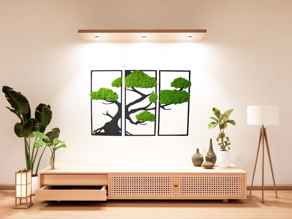 Hello Moss Wanddeko Moosbilder Triptychon in Form Eines Bonsai-Baumes - Schön Aussehender Wand Baum - Wandbild aus Natürlichen Rohstoffen und Deko Moos (schwarz-hellgrün, 29x60cm)