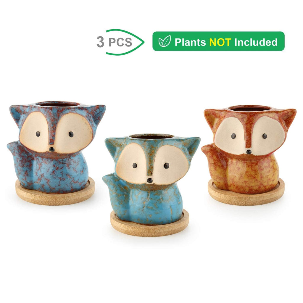 T4U Fuchs Sukkulenten Töpfe Keramik mit Untersetzer 3er-Set Blumentopf Klein für Mini-Pflanzen