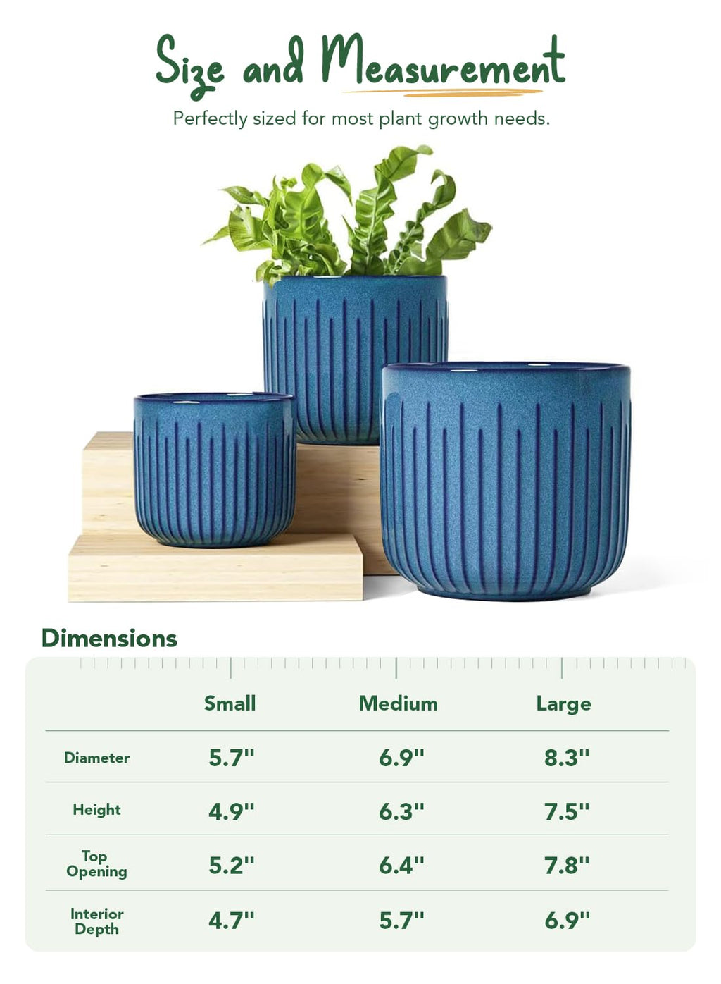 LE TAUCI 3er Set Blumentopf Keramik, 21+17+14 cm Durchmesser Ubertopf für Zimmerpflanzen, Pflanzkübel mit Drainagelöchern, Mittelgroßer Zylinder Ubertopf, Glasur Ozeanblau