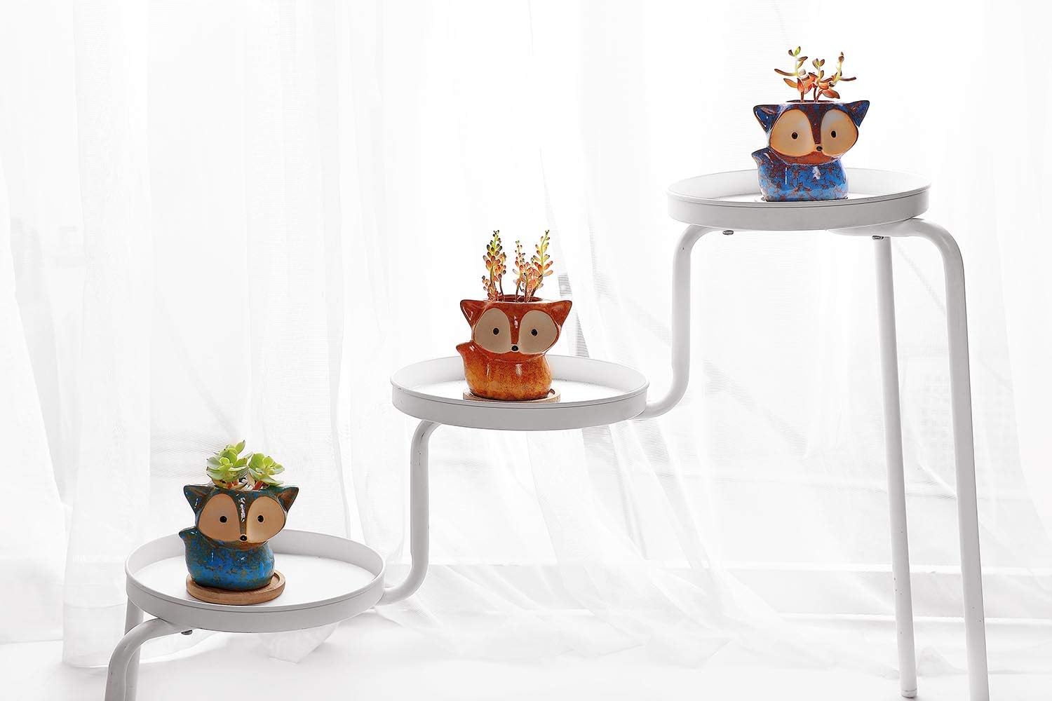 T4U Fuchs Sukkulenten Töpfe Keramik mit Untersetzer 3er-Set Blumentopf Klein für Mini-Pflanzen