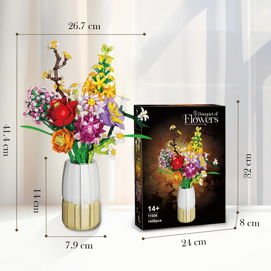 2-in-1 Vase Blumenstrauß Bauset, Kunstblumen-Strauß-Sets für Erwachsene und Frauen, kompatibel mit der Lego Flowers Bouquet Botanicals Collection, 1458 Teile