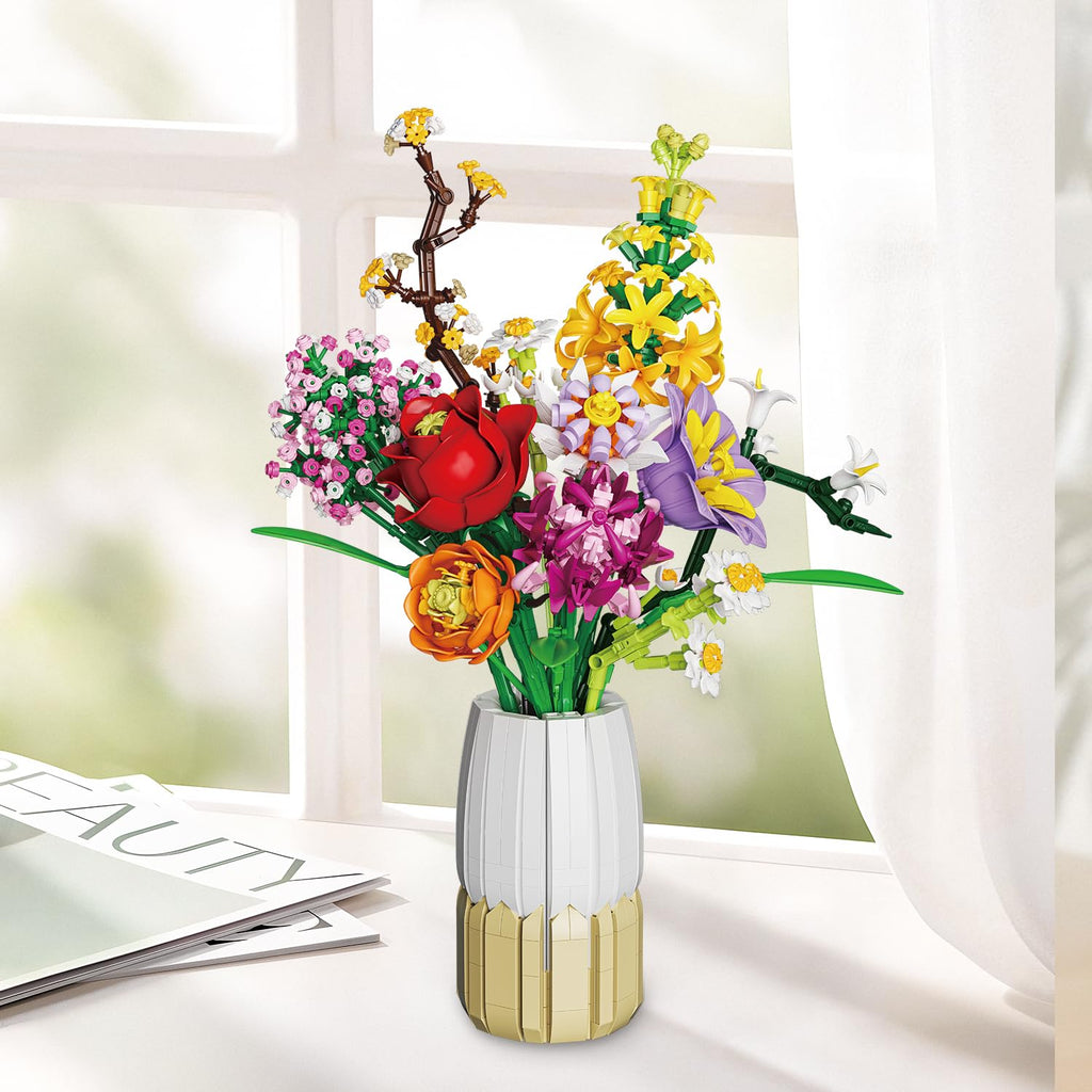2-in-1 Vase Blumenstrauß Bauset, Kunstblumen-Strauß-Sets für Erwachsene und Frauen, kompatibel mit der Lego Flowers Bouquet Botanicals Collection, 1458 Teile