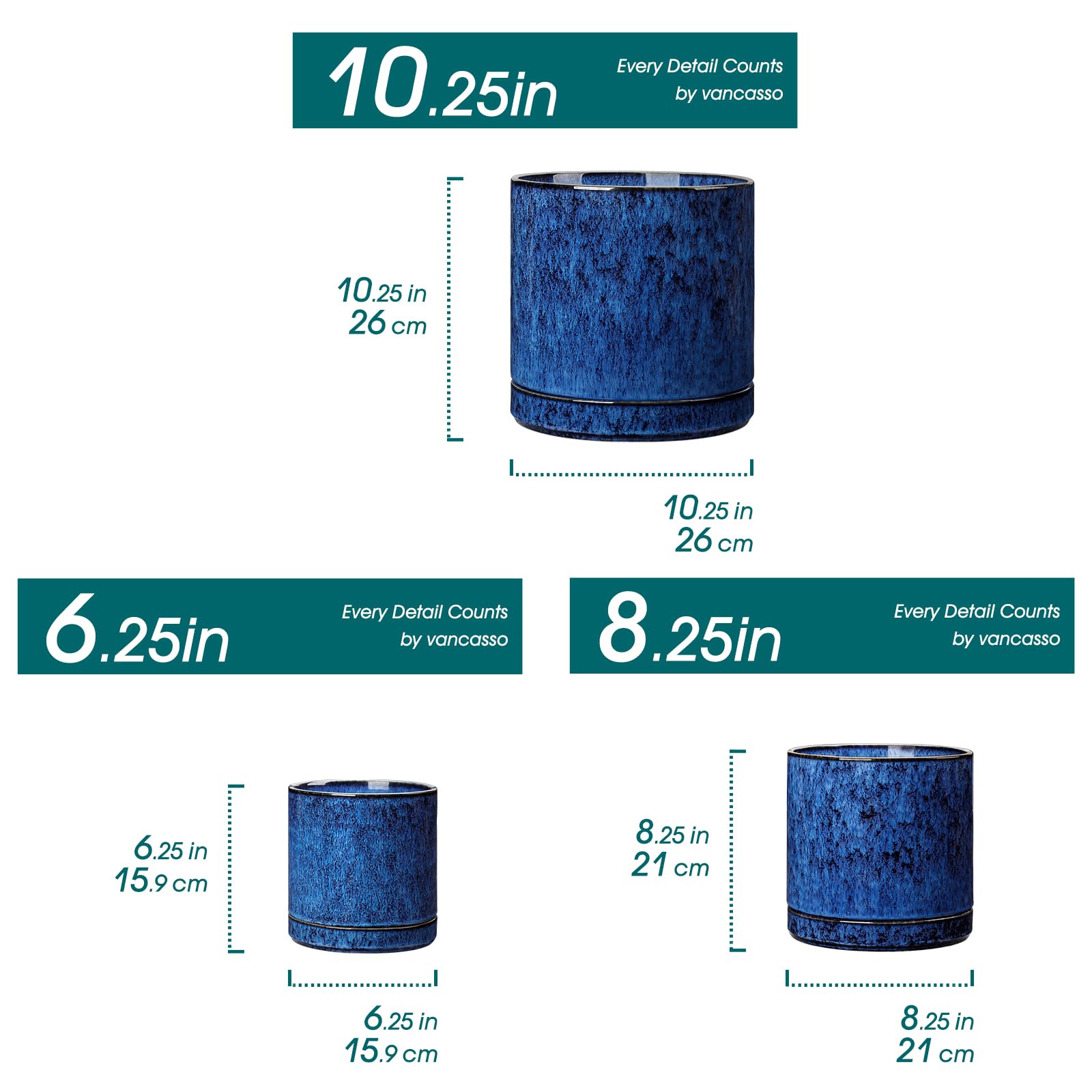 vancasso Keramik-Pflanzgefäße, Pflanztöpfe für Zimmerpflanzen, 15,7 cm + 21,6 cm + 26,7 cm Keramiktöpfe für Pflanzen, Blumentöpfe mit Drainagelöchern (Blau, 16,25 + 21,6 cm + 26,7 cm)
