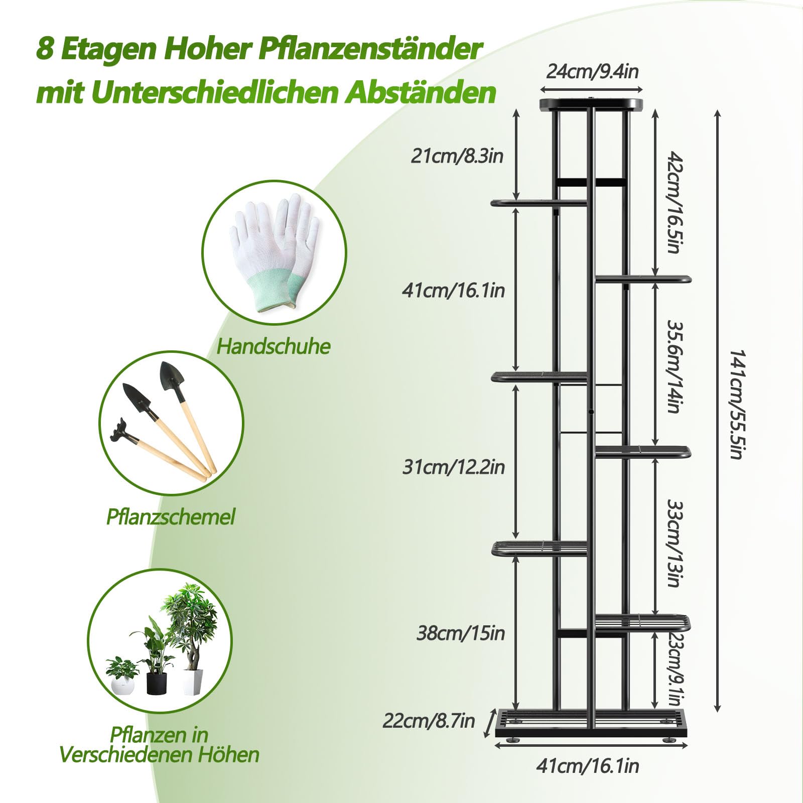 MAIJIAJU 8 Etagen Blumenständer Metall Schwarz mit Gartengeräte und Handschuhe, 141cm Ecke Blumenregal Pflanzenregal Indoor Outdoor, Mehrere Blumentreppe Pflanzenständer für Balkon Garten Wohnzimmer