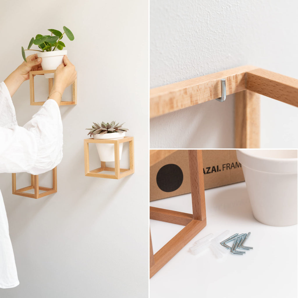 Kazai. Wandvasen -Lille- | Hängende Blumentöpfe in Echtholzrahmen | 3-teiliges Übertopf-Set aus Keramik und Holz für Wand, Tisch und mehr | Natur-Braun
