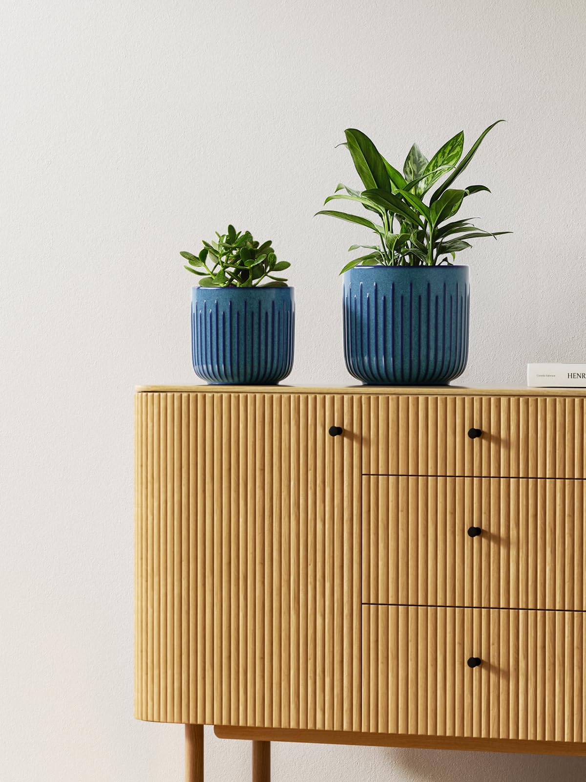 LE TAUCI 3er Set Blumentopf Keramik, 21+17+14 cm Durchmesser Ubertopf für Zimmerpflanzen, Pflanzkübel mit Drainagelöchern, Mittelgroßer Zylinder Ubertopf, Glasur Ozeanblau