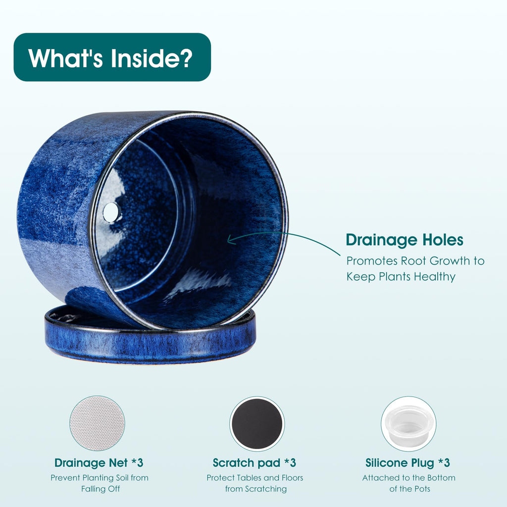 vancasso Keramik-Pflanzgefäße, Pflanztöpfe für Zimmerpflanzen, 15,7 cm + 21,6 cm + 26,7 cm Keramiktöpfe für Pflanzen, Blumentöpfe mit Drainagelöchern (Blau, 16,25 + 21,6 cm + 26,7 cm)