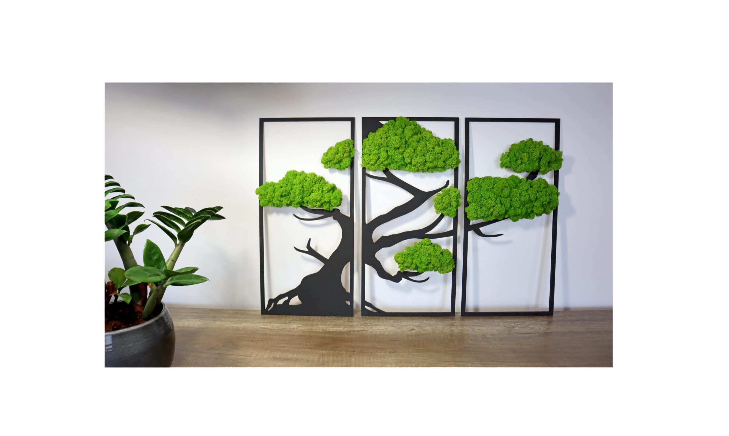 Hello Moss Wanddeko Moosbilder Triptychon in Form Eines Bonsai-Baumes - Schön Aussehender Wand Baum - Wandbild aus Natürlichen Rohstoffen und Deko Moos (schwarz-hellgrün, 29x60cm)
