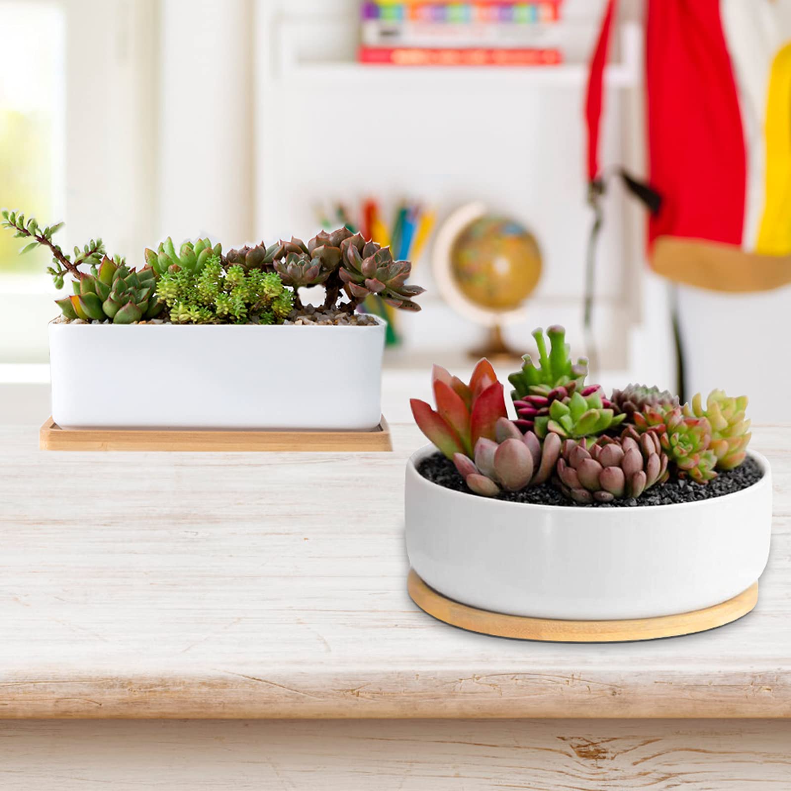 Weiße Keramik Sukkulenten Blumentöpfe, ARVINKEY 1 rechteckiger Blumentopf + 1 runder Übertopf, 2er Set kleine Kaktusbehälter, Bonsai-Töpfe, Blumentöpfe mit Abflusslöchern Bambus-Tablett (ohne Pflanze)