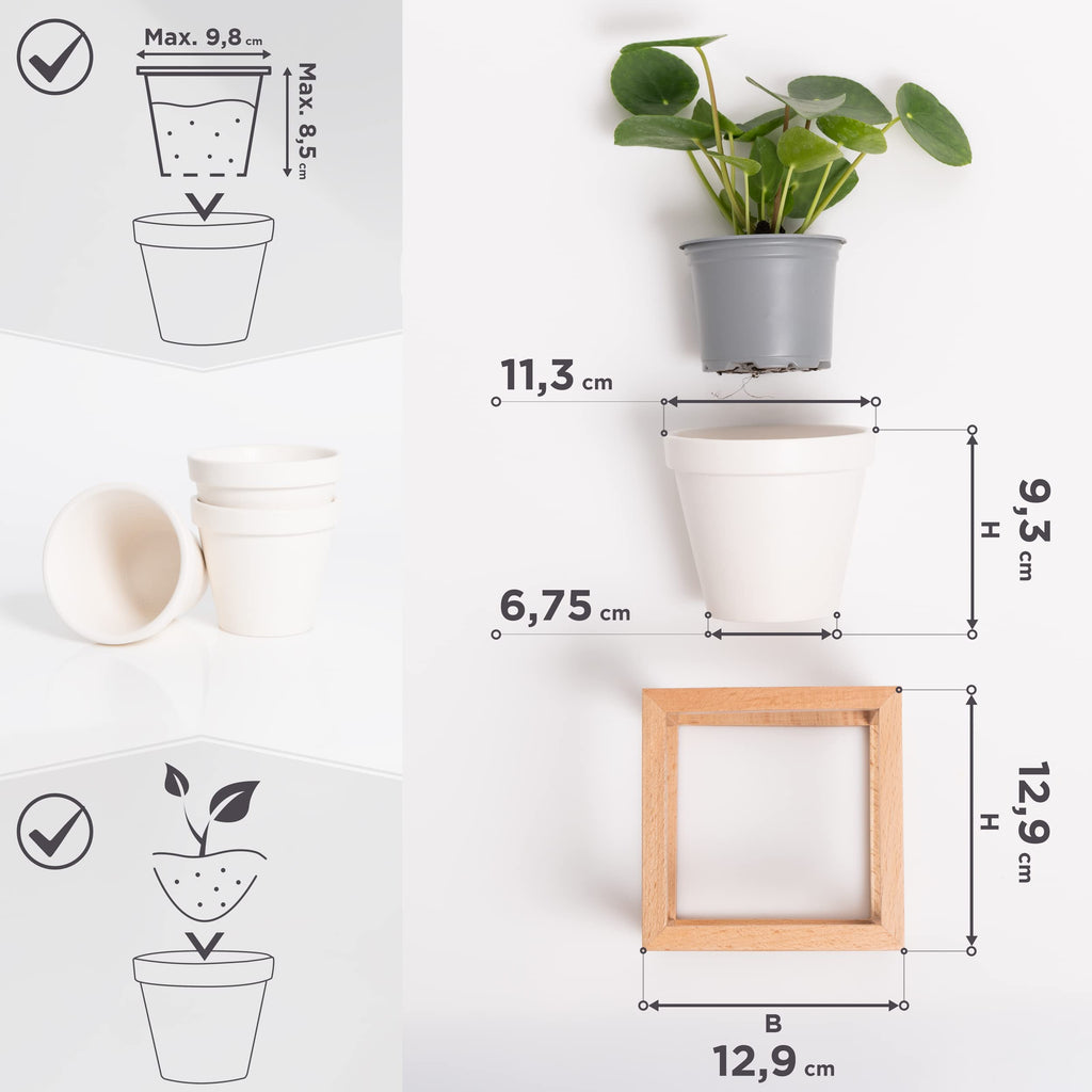 Kazai. Wandvasen -Lille- | Hängende Blumentöpfe in Echtholzrahmen | 3-teiliges Übertopf-Set aus Keramik und Holz für Wand, Tisch und mehr | Natur-Braun