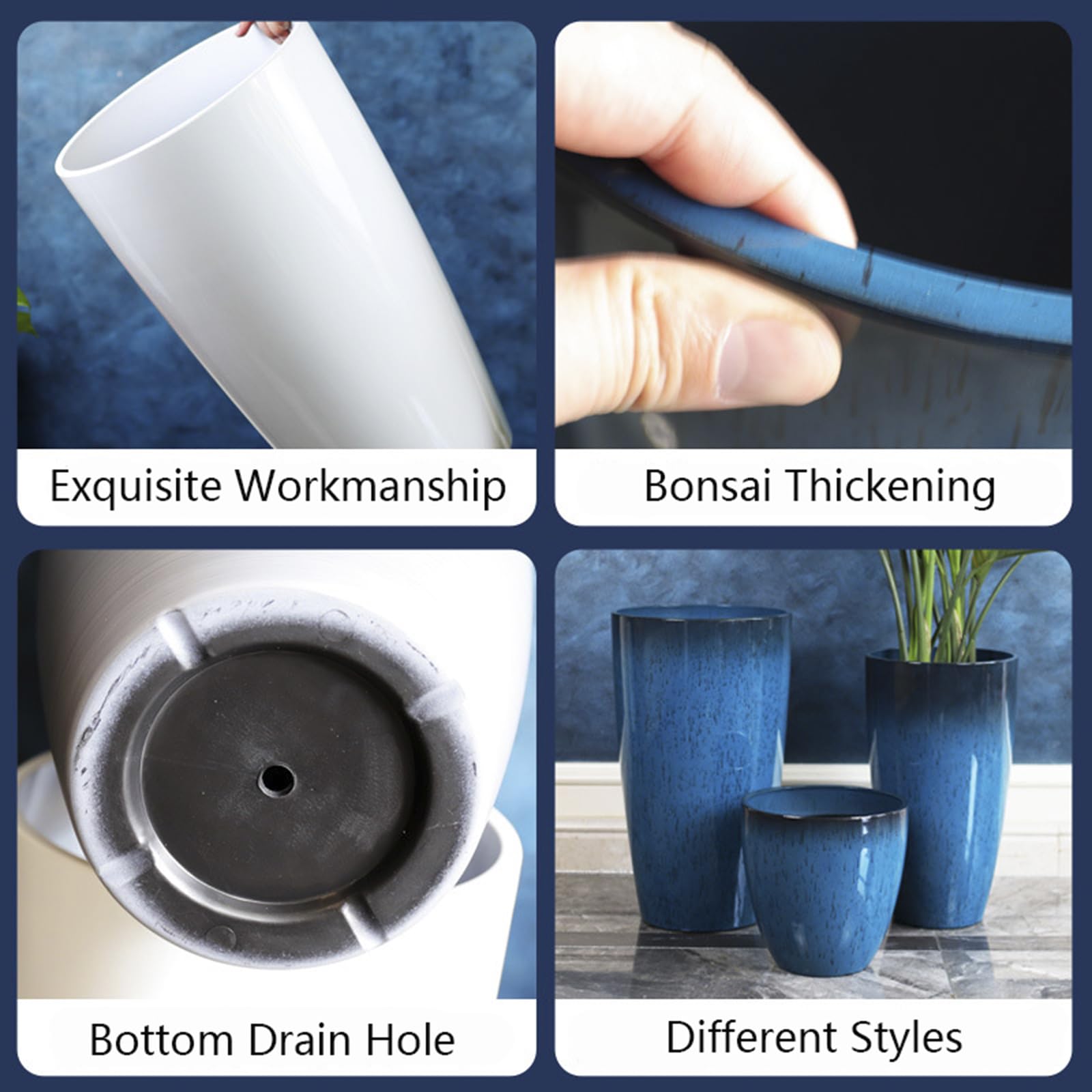 Große Kunststoff-Pflanzgefäße mit Tablett 28+30+53 cm Höhe 3er-Set für den Innen- und Außenbereich, leicht, dekorative Blumentöpfe, hoher Pflanztopf für Garten, Terrasse, Veranda, Ecke, blau, rund