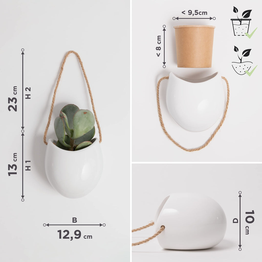 Kazai. Wandvasen -Ellie- | Hängende Keramik-Blumentöpfe 3-teilig | Wand-Deko für Zimmer, Balkon und Garten | Weiss (glänzend)