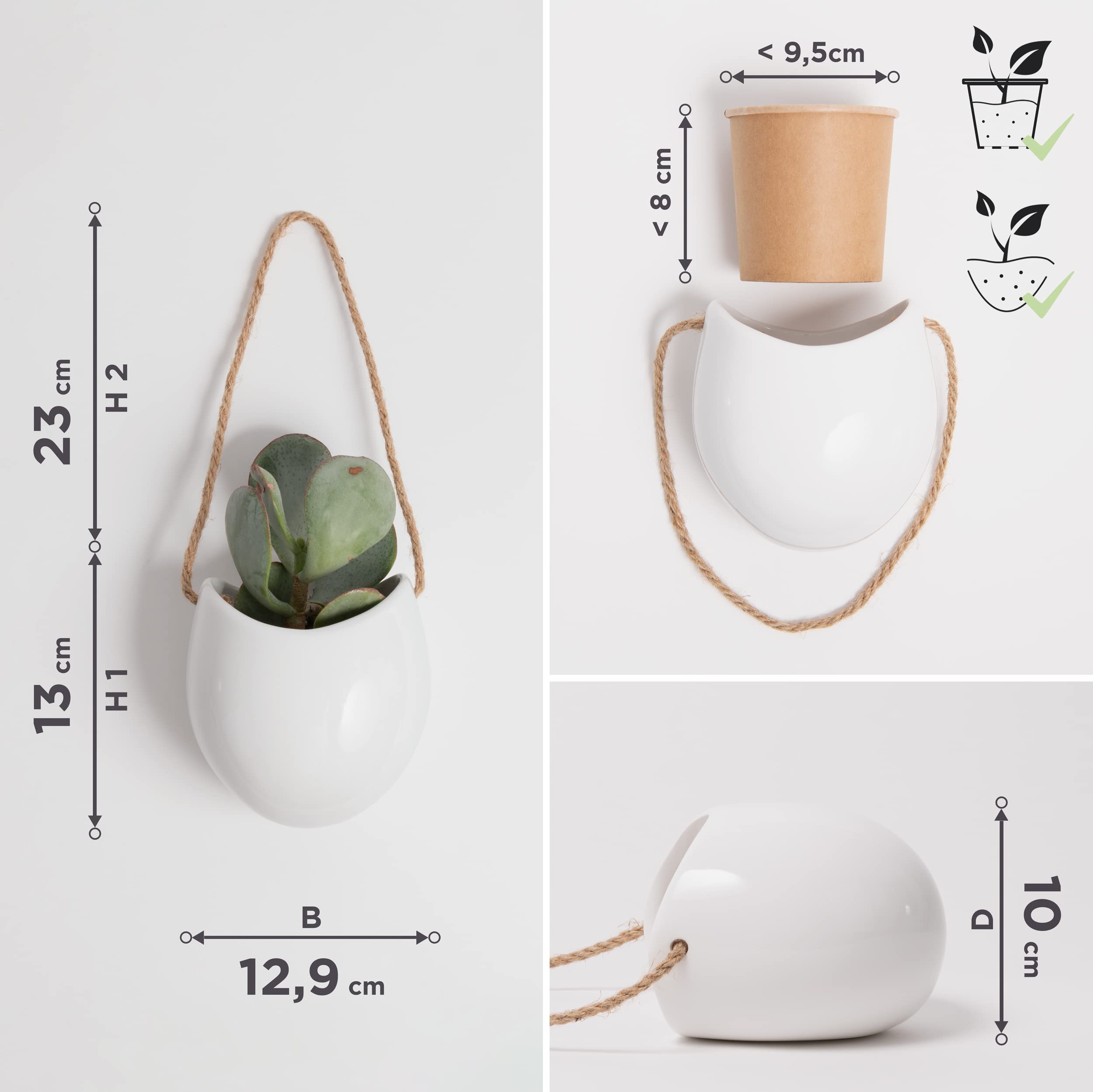 Kazai. Wandvasen -Ellie- | Hängende Keramik-Blumentöpfe 3-teilig | Wand-Deko für Zimmer, Balkon und Garten | Weiss (glänzend)