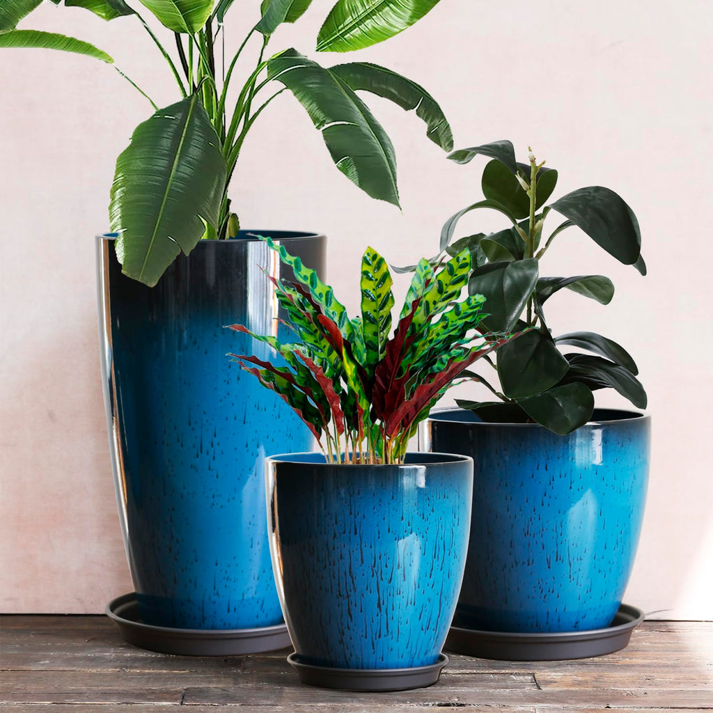 Große Kunststoff-Pflanzgefäße mit Tablett 28+30+53 cm Höhe 3er-Set für den Innen- und Außenbereich, leicht, dekorative Blumentöpfe, hoher Pflanztopf für Garten, Terrasse, Veranda, Ecke, blau, rund