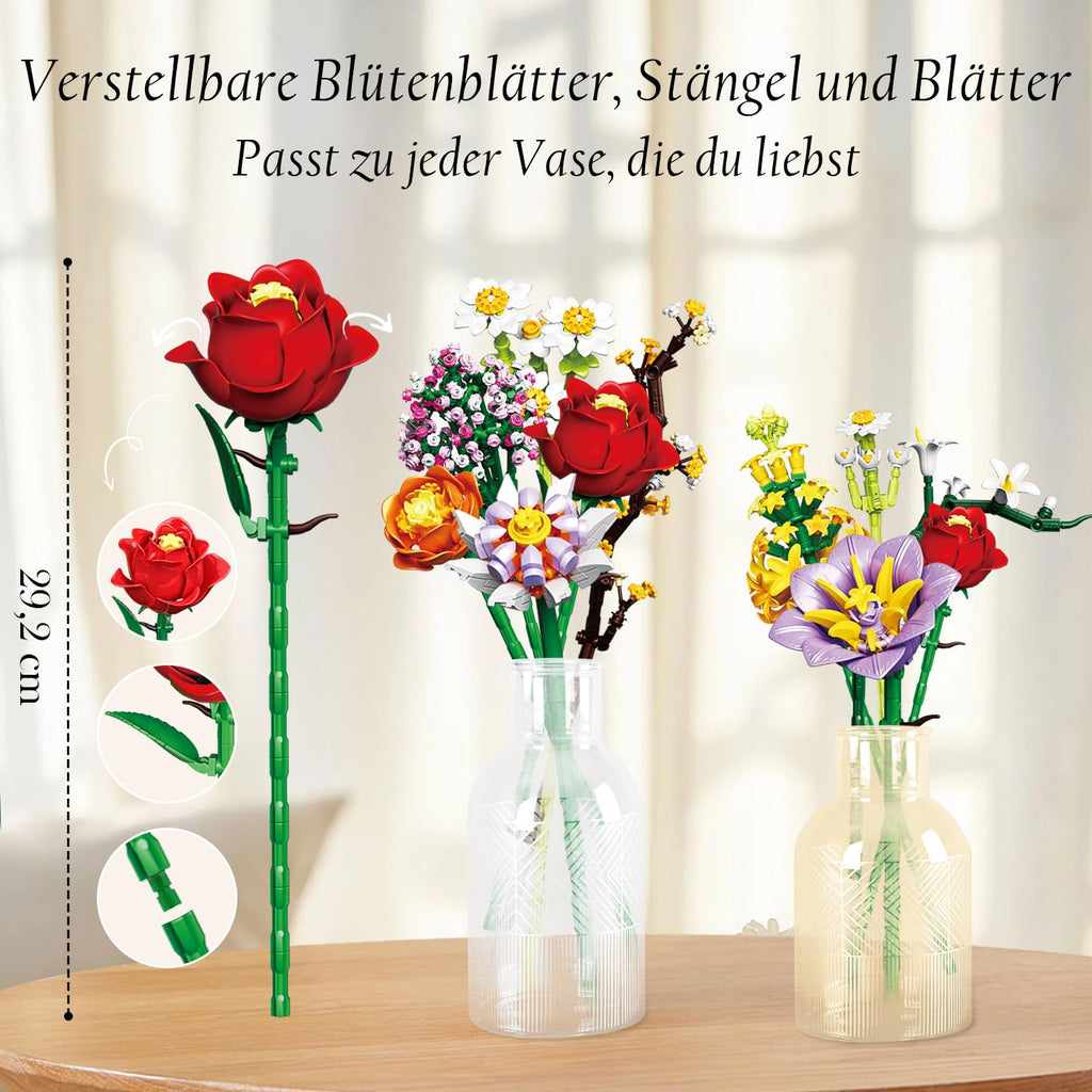 2-in-1 Vase Blumenstrauß Bauset, Kunstblumen-Strauß-Sets für Erwachsene und Frauen, kompatibel mit der Lego Flowers Bouquet Botanicals Collection, 1458 Teile