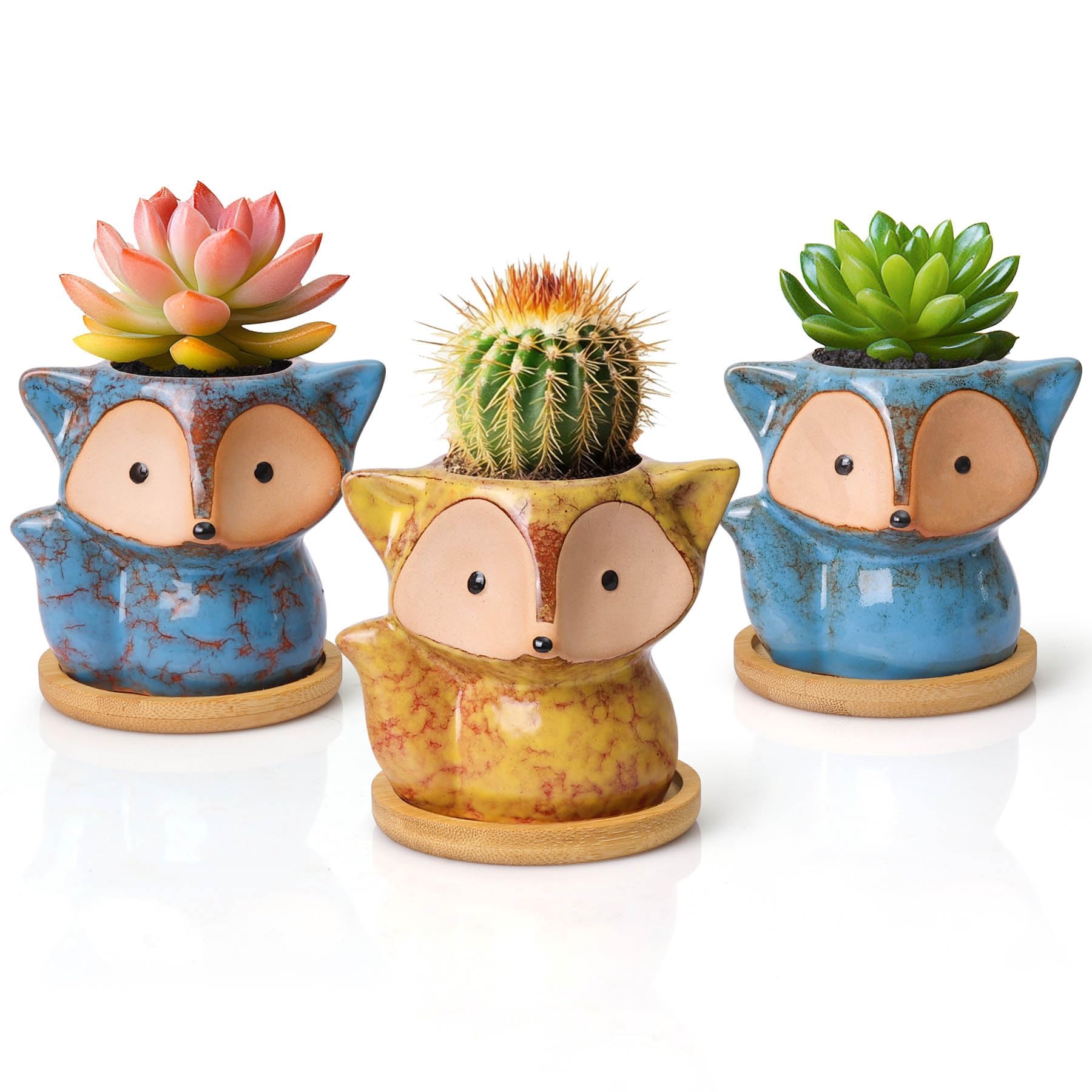 T4U Fuchs Sukkulenten Töpfe Keramik mit Untersetzer 3er-Set Blumentopf Klein für Mini-Pflanzen