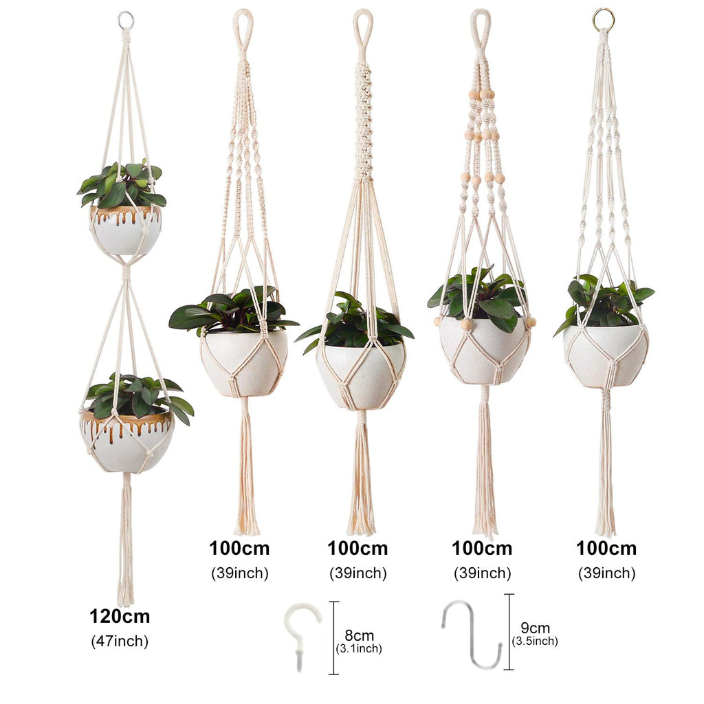 Petutu 5er Set Makramee Blumenampel, Boho Deko Baumwollseil Hängeampel Blumentopf Pflanzen Halter Aufhänger für Innen Außen Decken Balkone Wanddekoration (Beige)
