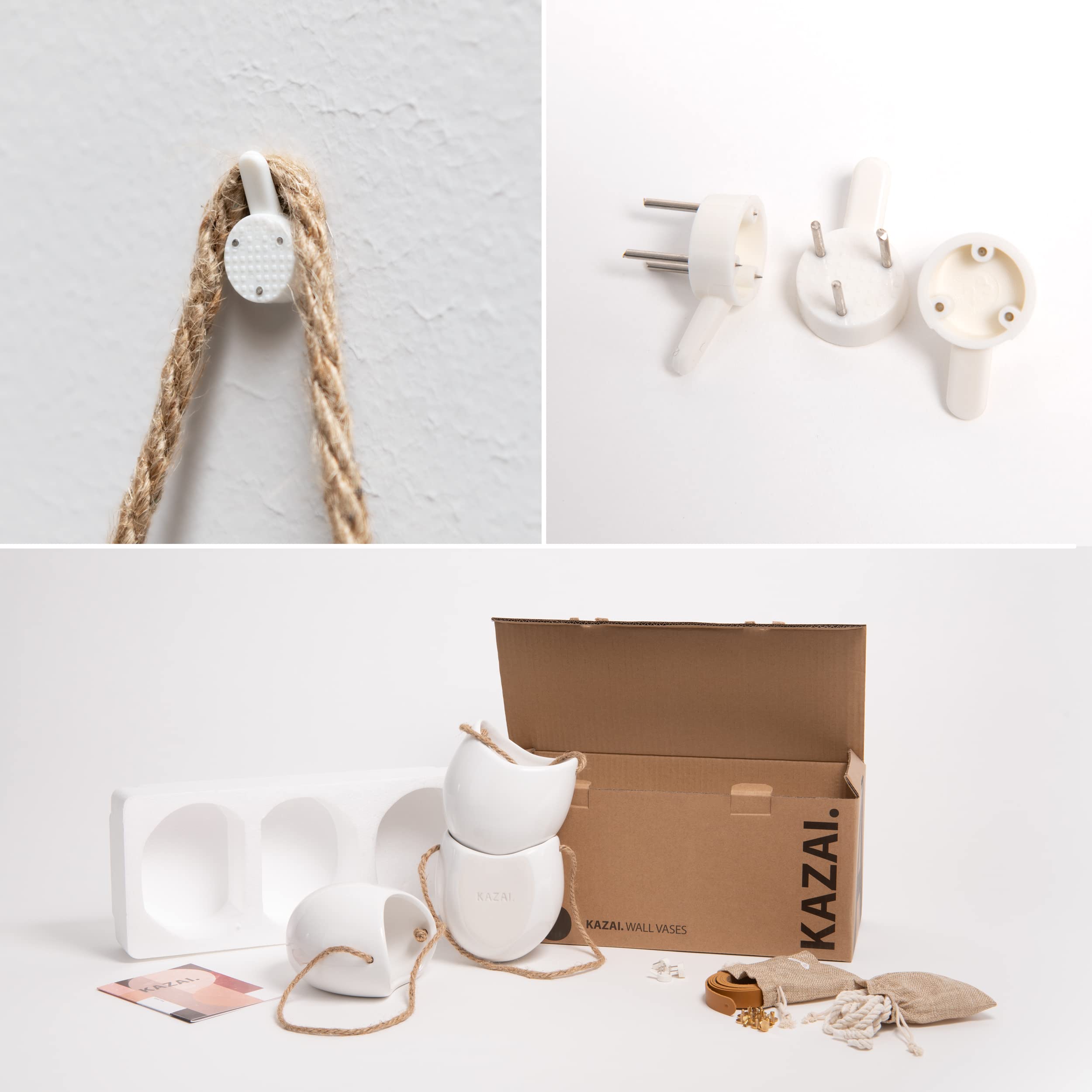 Kazai. Wandvasen -Ellie- | Hängende Keramik-Blumentöpfe 3-teilig | Wand-Deko für Zimmer, Balkon und Garten | Weiss (glänzend)