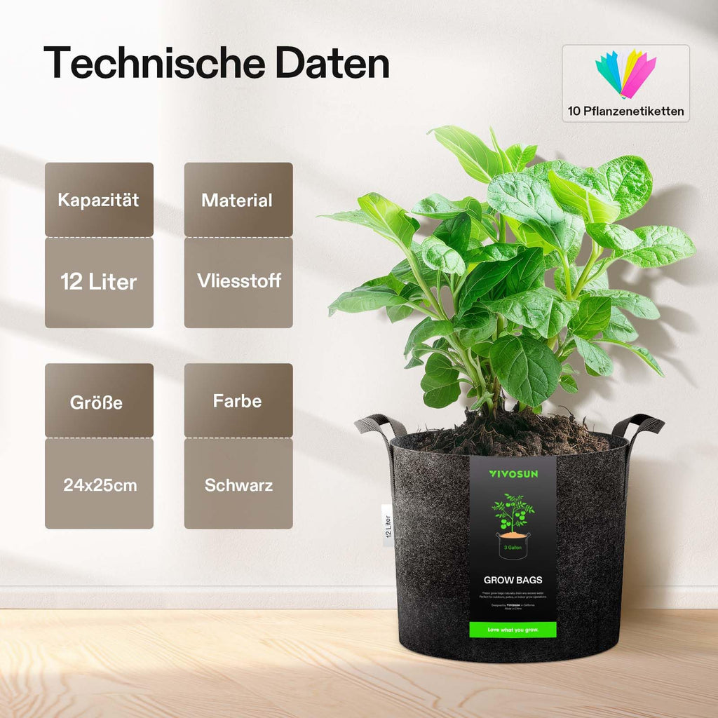VIVOSUN Pflanzsack 5er-Packung 12L aus Vliesstoff, Hochbelastbarer Verdickter Stofftopf mit Griffen für Gemüse, Blumen, Früchte, Gewächshaus und Garten
