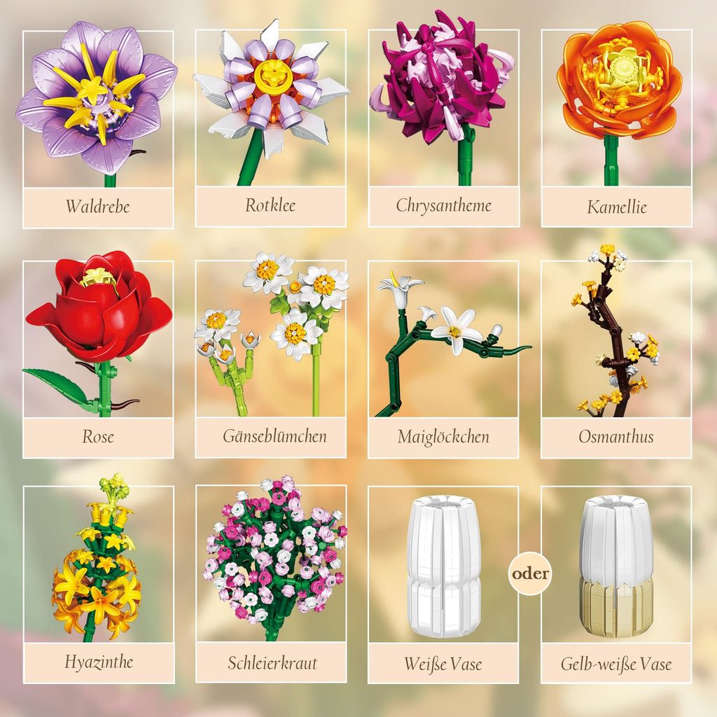 2-in-1 Vase Blumenstrauß Bauset, Kunstblumen-Strauß-Sets für Erwachsene und Frauen, kompatibel mit der Lego Flowers Bouquet Botanicals Collection, 1458 Teile