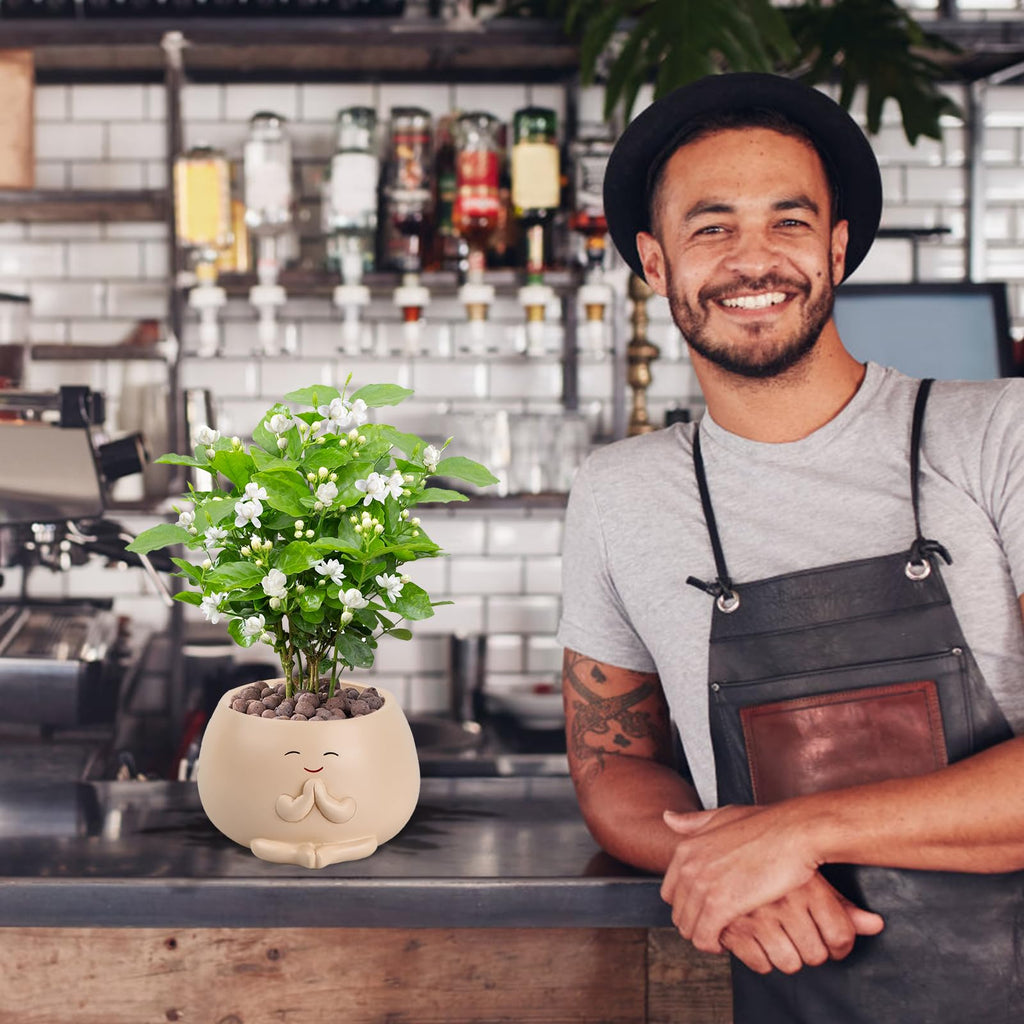 Naseom Blumentopf, Harz Smile Pflanztöpfe für Sukkulenten, Garten-Blumentopf Blumen-Pflanztöpfe, Büro-Heimpflanze mit Lächeln-Gesicht, Tragbarer Blumentöpfe für Garten/Schule/Haus (Beige)