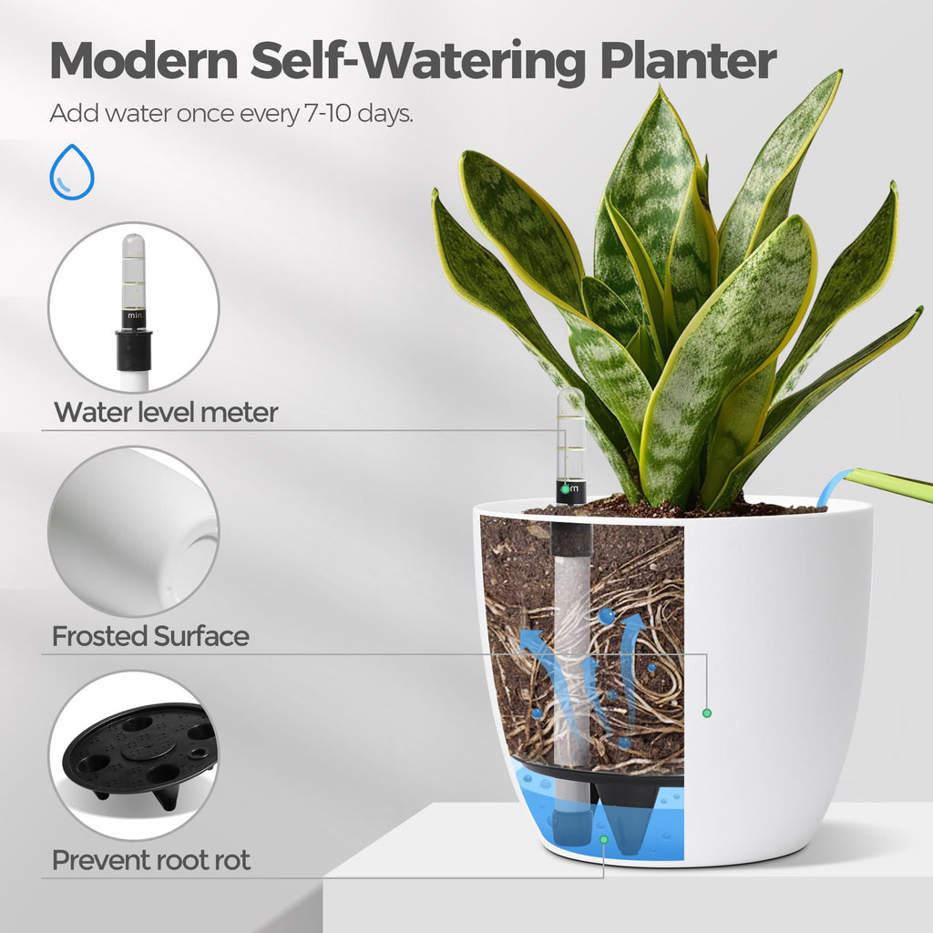 T4U 22cm Selbstwässernder Blumentopf mit Wasseranzeiger Weiß 4er-Set, Selbstbewässerung Wasserspeicher Pflanzgefäß Übertopf für Innen- und Außenbereich