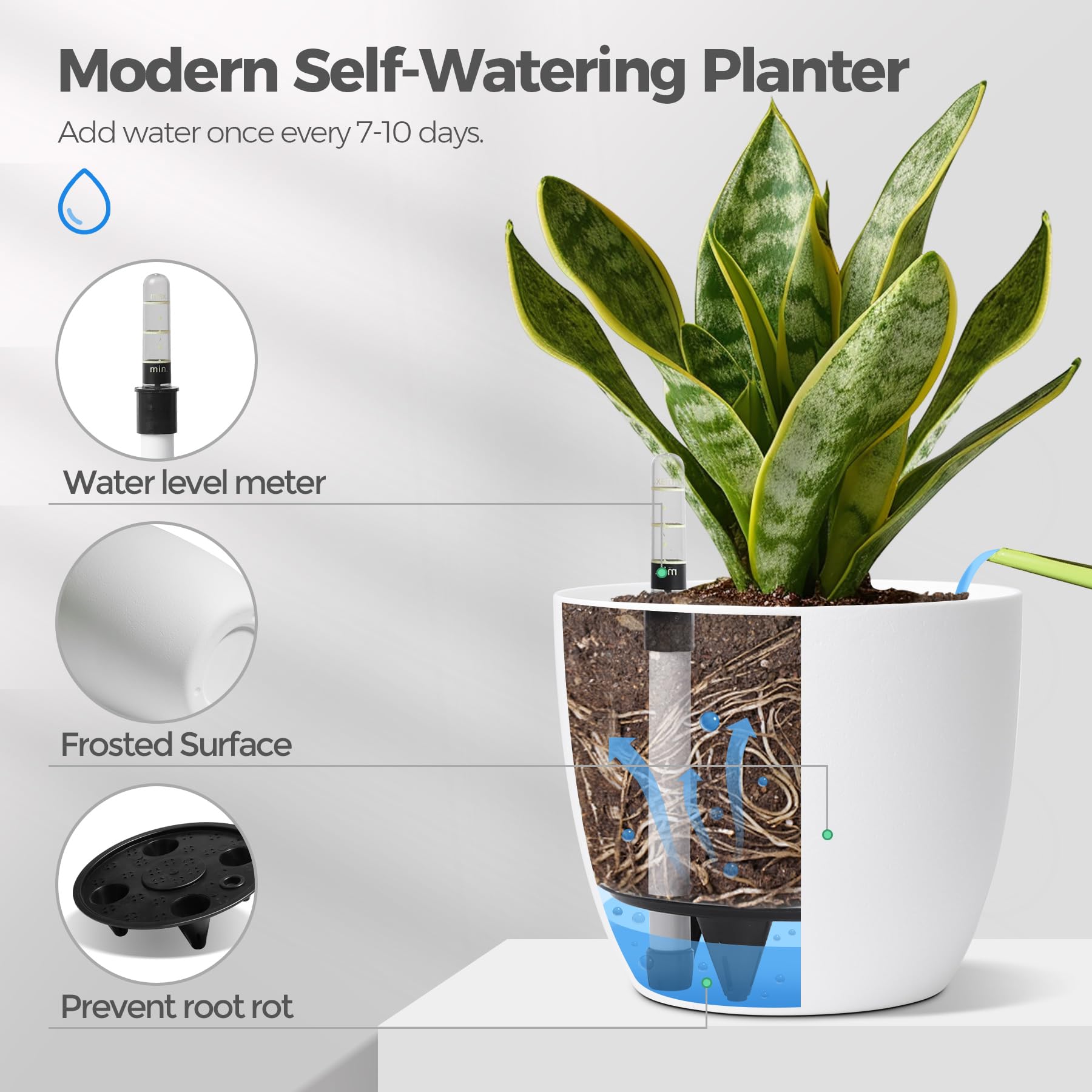 T4U 22cm Selbstwässernder Blumentopf mit Wasseranzeiger Weiß 4er-Set, Selbstbewässerung Wasserspeicher Pflanzgefäß Übertopf für Innen- und Außenbereich