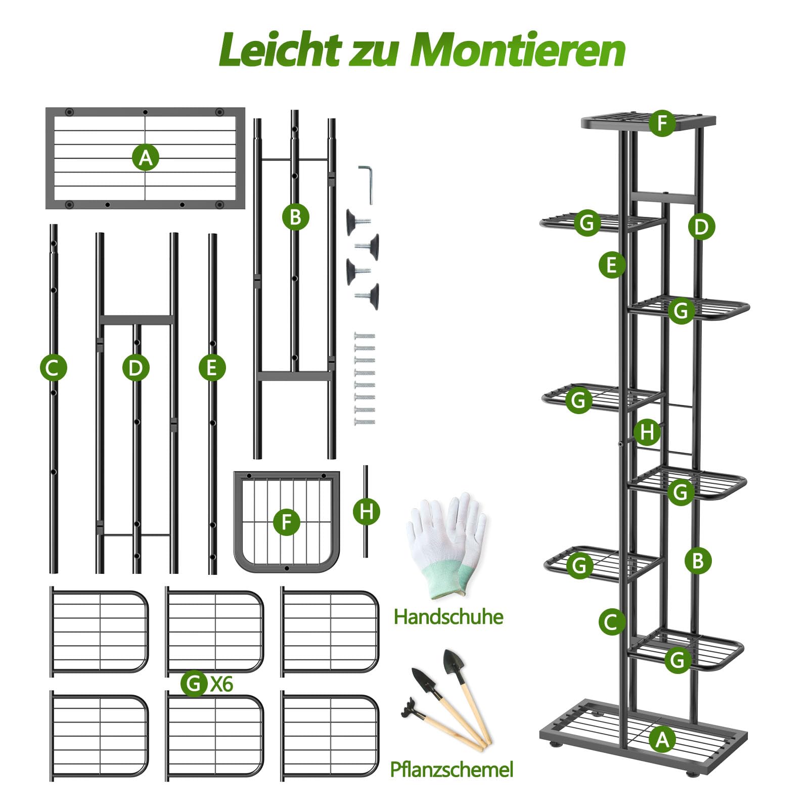 MAIJIAJU 8 Etagen Blumenständer Metall Schwarz mit Gartengeräte und Handschuhe, 141cm Ecke Blumenregal Pflanzenregal Indoor Outdoor, Mehrere Blumentreppe Pflanzenständer für Balkon Garten Wohnzimmer