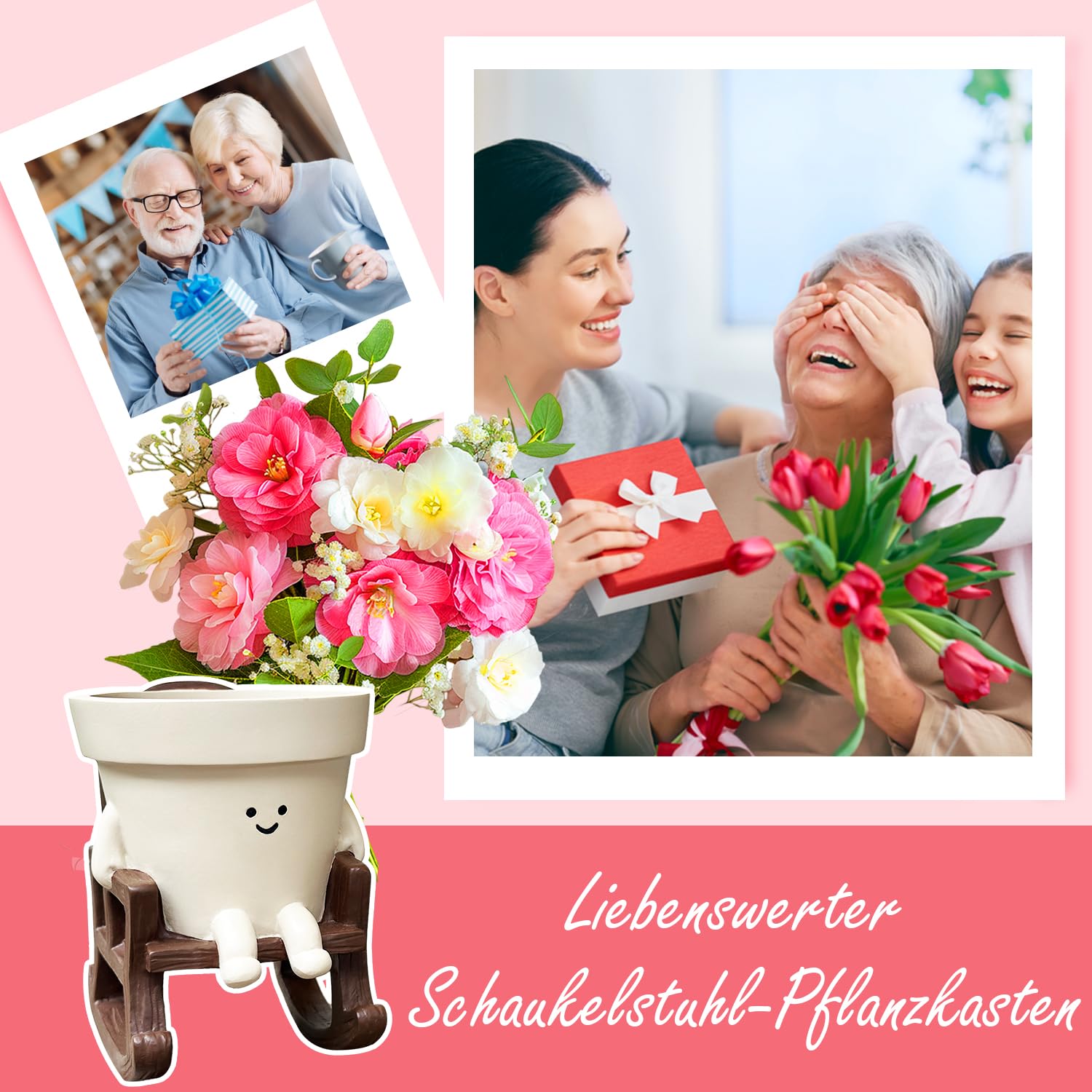 Blumentopf mit Smiley-Gesicht, niedlicher Kunstharz-Blumentopf, Blumenkopf-Pflanzgefäße für die Perlenschnur-Pflanze, für drinnen und draußen, einzigartiger Schaukelstuhl, Sukkulententöpfe