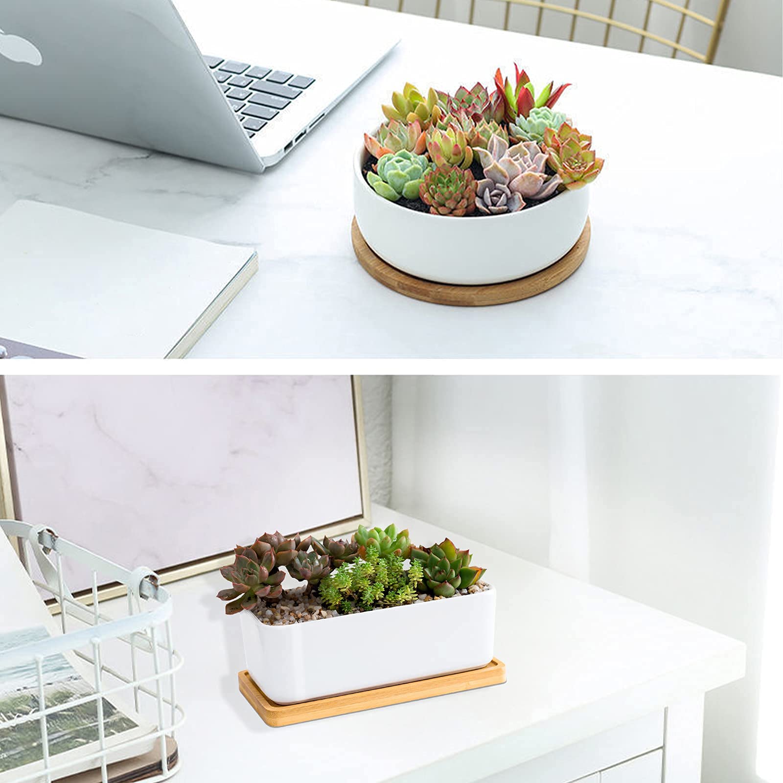 Weiße Keramik Sukkulenten Blumentöpfe, ARVINKEY 1 rechteckiger Blumentopf + 1 runder Übertopf, 2er Set kleine Kaktusbehälter, Bonsai-Töpfe, Blumentöpfe mit Abflusslöchern Bambus-Tablett (ohne Pflanze)