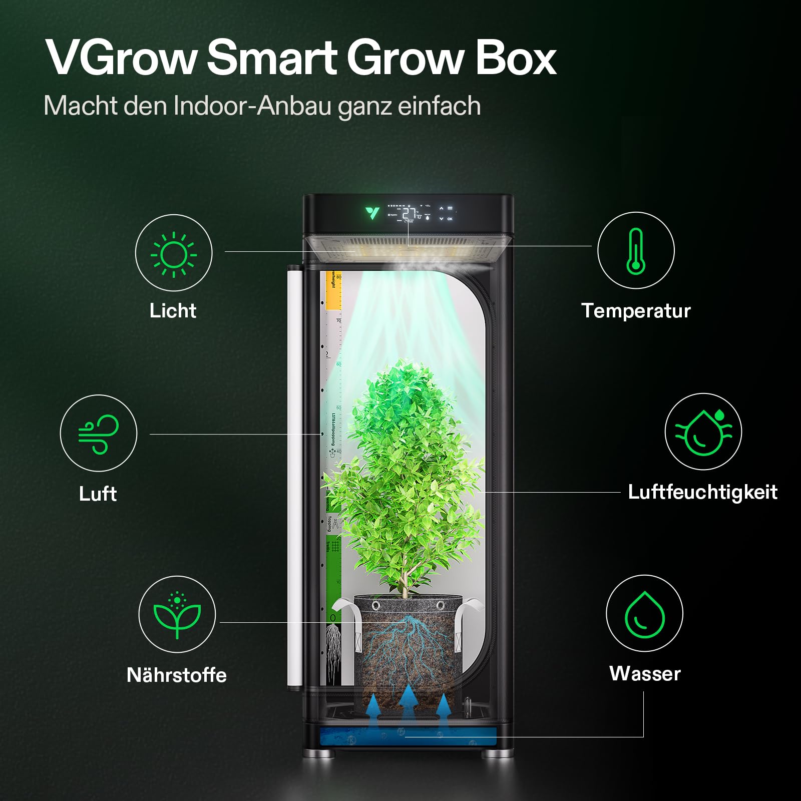 VGrow All-in-One Smart Grow Box, Professionelles System mit Samsung LM301H EVO Grow Lampe, Fortschrittliches Zirkulations- und Ventilationssystem, Bewässerung, Nährstoffzufuhr für Indoor-Hydroponik