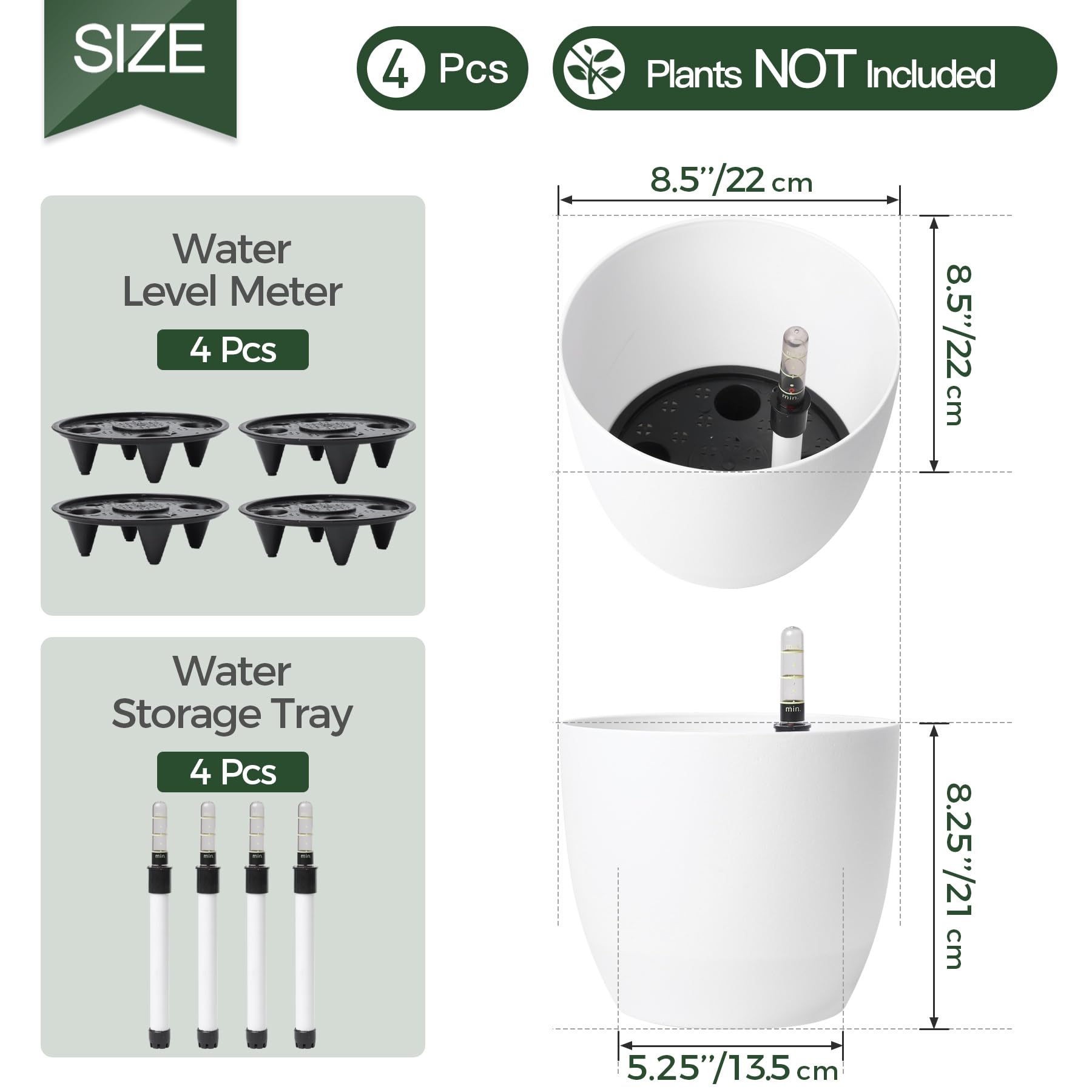 T4U 22cm Selbstwässernder Blumentopf mit Wasseranzeiger Weiß 4er-Set, Selbstbewässerung Wasserspeicher Pflanzgefäß Übertopf für Innen- und Außenbereich