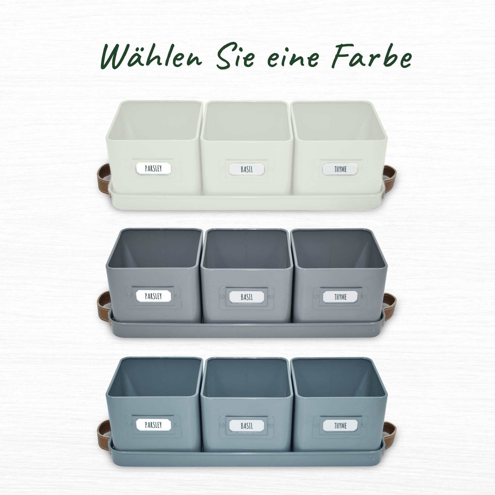 Green Thumbz 3 STK. Kräutertopf - Kräutertöpfe für Deinen Kräutergarten und Fensterbank Innen Dekoration - Basilikum Topf mit Ledergriffen & Untersetzer - Küchenkräuter Topf (Tealblau)