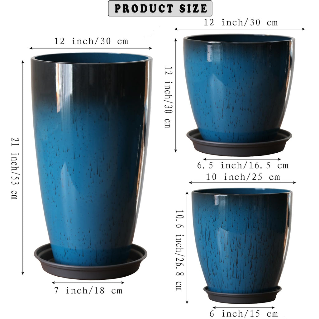 Große Kunststoff-Pflanzgefäße mit Tablett 28+30+53 cm Höhe 3er-Set für den Innen- und Außenbereich, leicht, dekorative Blumentöpfe, hoher Pflanztopf für Garten, Terrasse, Veranda, Ecke, blau, rund