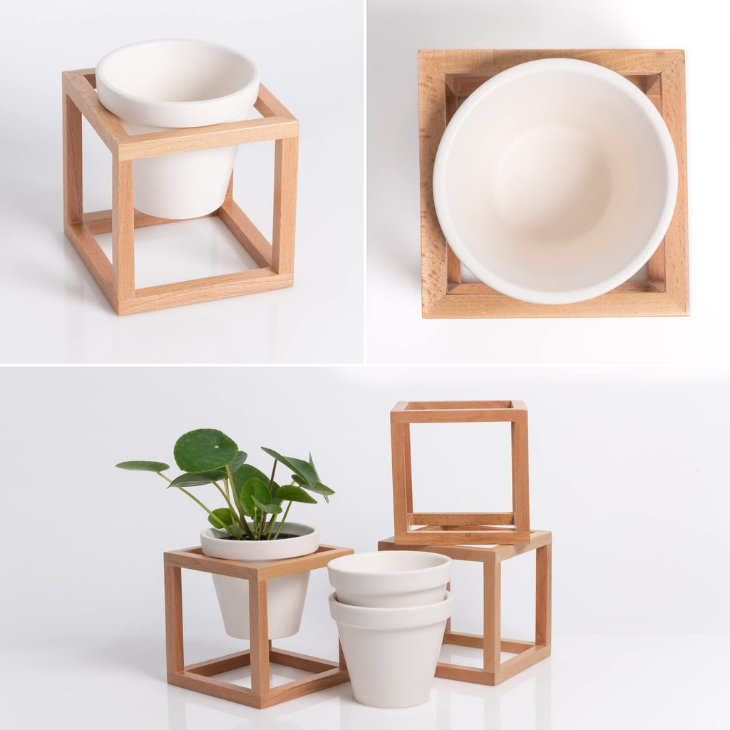 Kazai. Wandvasen -Lille- | Hängende Blumentöpfe in Echtholzrahmen | 3-teiliges Übertopf-Set aus Keramik und Holz für Wand, Tisch und mehr | Natur-Braun