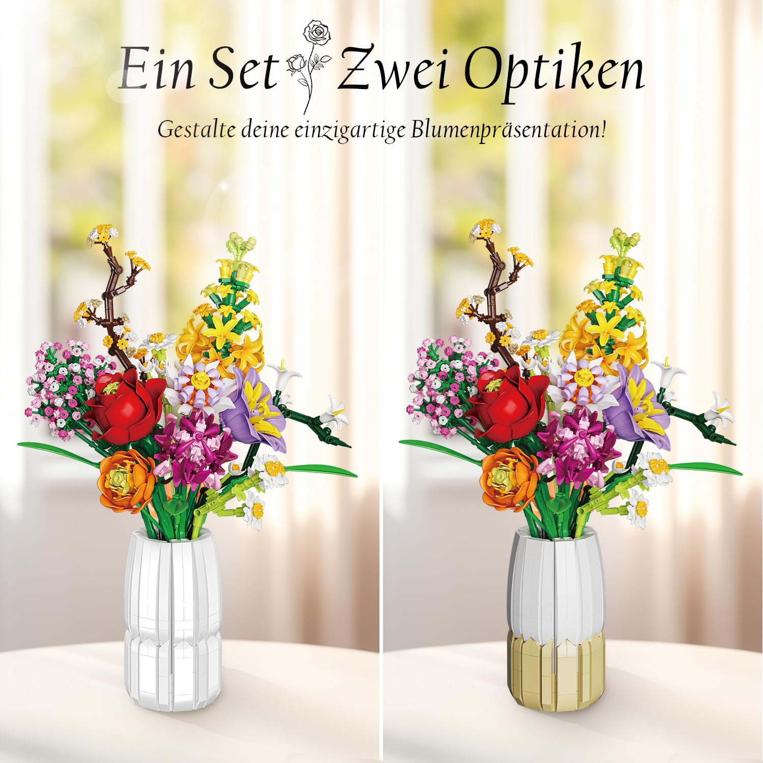2-in-1 Vase Blumenstrauß Bauset, Kunstblumen-Strauß-Sets für Erwachsene und Frauen, kompatibel mit der Lego Flowers Bouquet Botanicals Collection, 1458 Teile