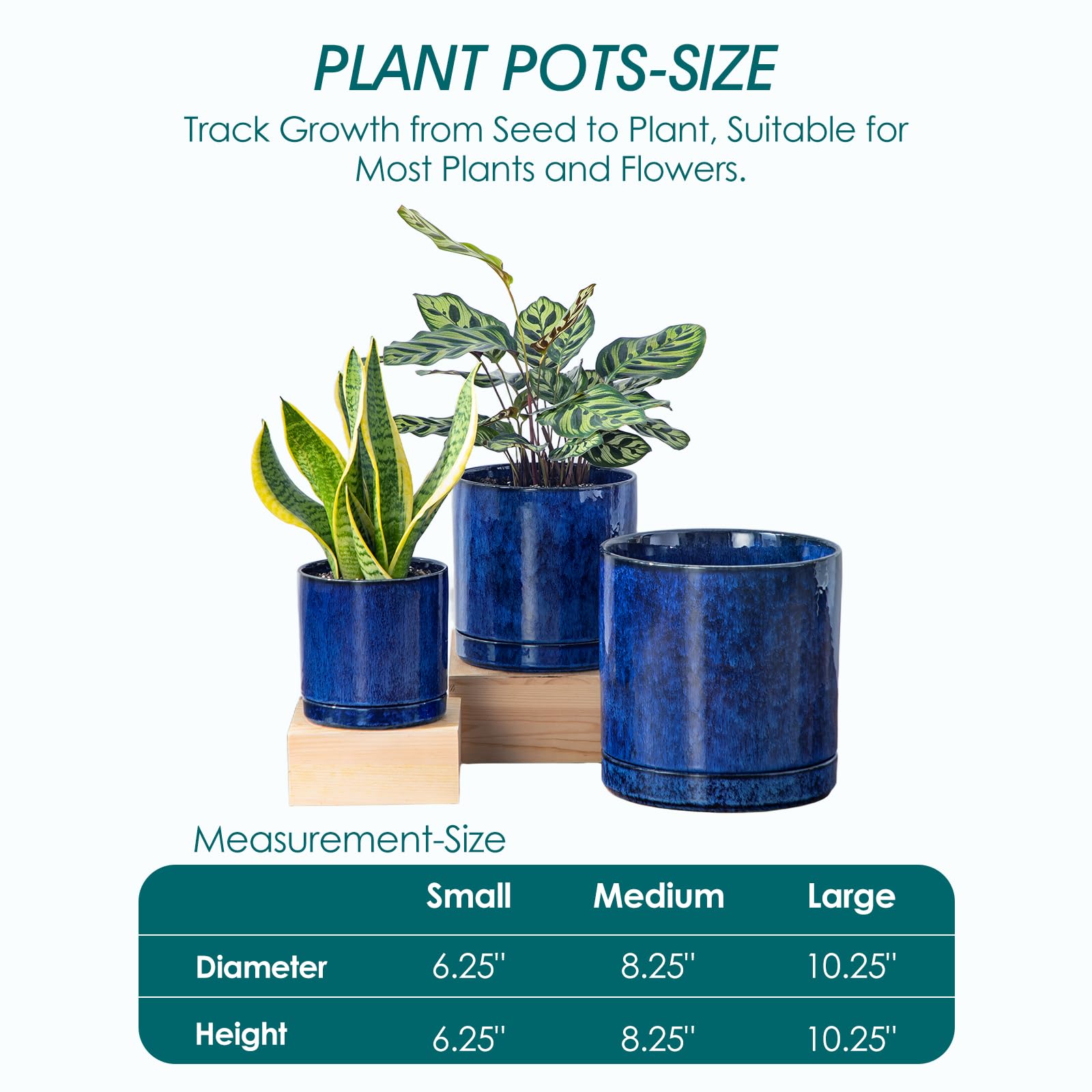 vancasso Keramik-Pflanzgefäße, Pflanztöpfe für Zimmerpflanzen, 15,7 cm + 21,6 cm + 26,7 cm Keramiktöpfe für Pflanzen, Blumentöpfe mit Drainagelöchern (Blau, 16,25 + 21,6 cm + 26,7 cm)